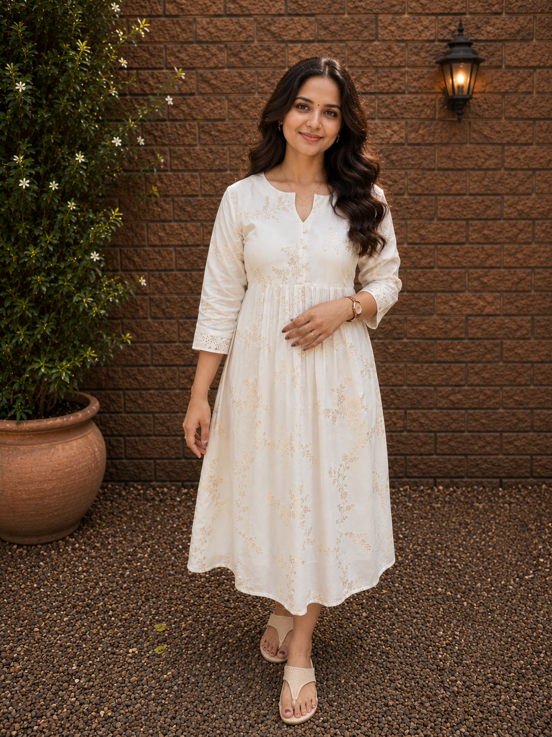 Off-white soft tissue silk Aline kurti with all over golden zari floral works and gathers MBS-1317 **Ready to dispatch**