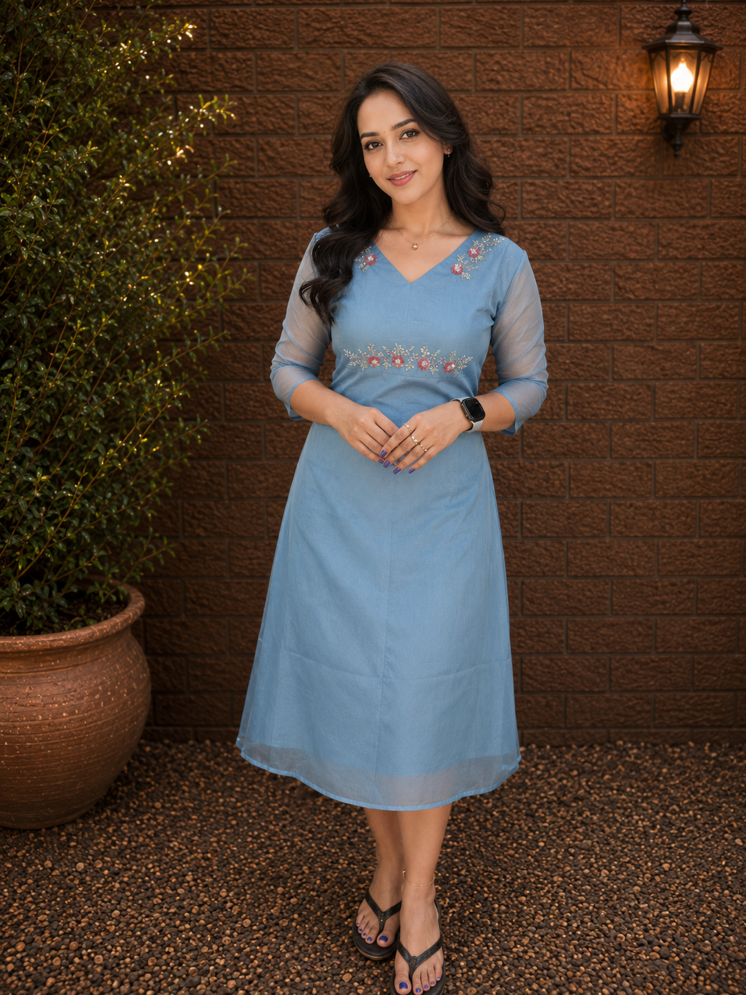 Blue shaded organza Aline kurti with handworked yoke MBS-1339 **Ready to dispatch**