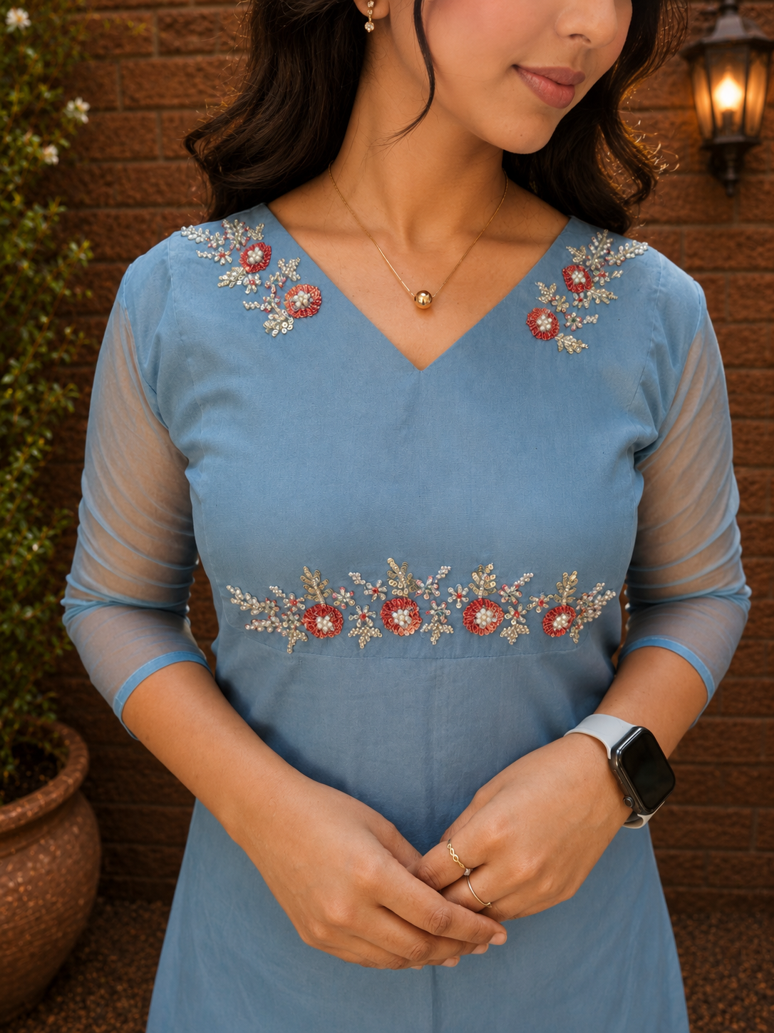Blue shaded organza Aline kurti with handworked yoke MBS-1339 **Ready to dispatch**