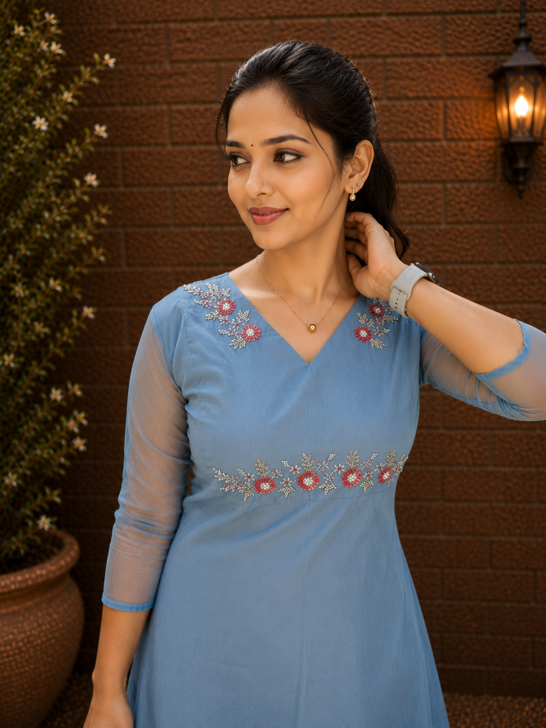 Blue shaded organza Aline kurti with handworked yoke MBS-1339 **Ready to dispatch**
