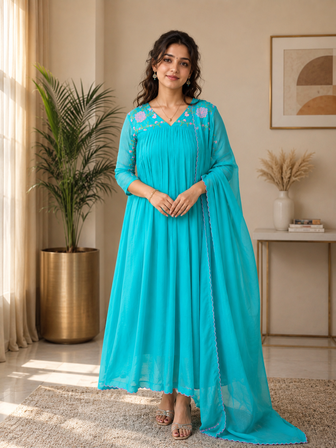 Sea green organza georgette Aline kurti with multi shaded floral thread embroidery yoke and sleeves paired with scalloped dupatta MBS-1297