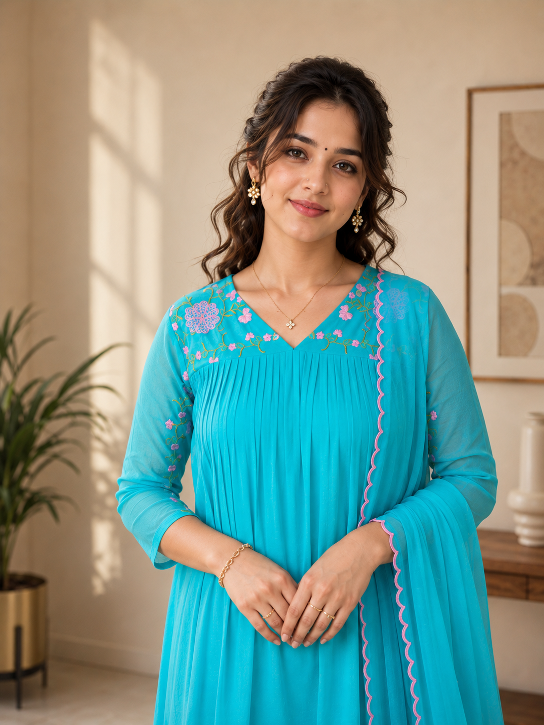 Sea green organza georgette Aline kurti with multi shaded floral thread embroidery yoke and sleeves paired with scalloped dupatta MBS-1297