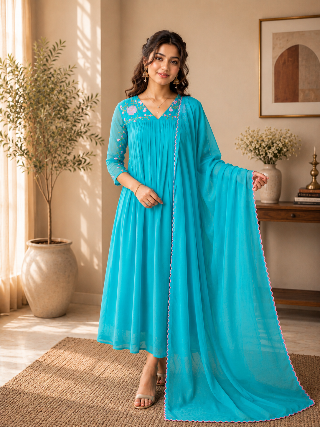 Sea green organza georgette Aline kurti with multi shaded floral thread embroidery yoke and sleeves paired with scalloped dupatta MBS-1297