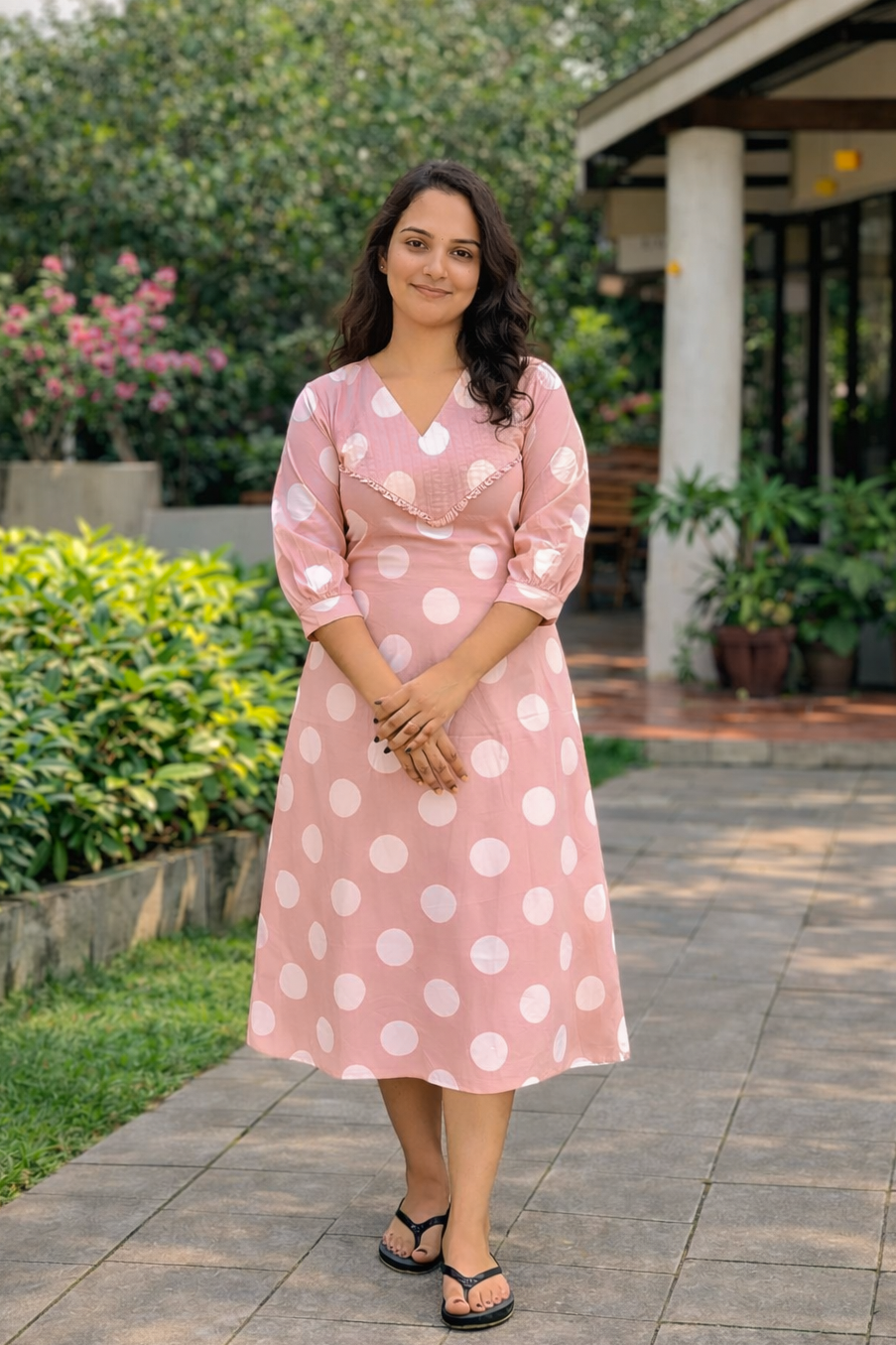 Polka doted cotton satin dress with pleats and frills MBS-828 ** ready to dispatch**