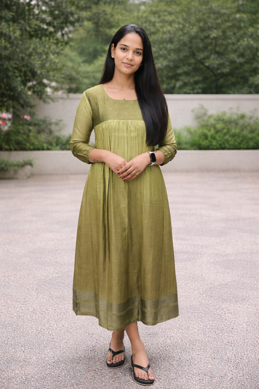 Double shaded badri silk kurti with muslin tissue upper yoke with golden buttas MBS-840 **Ready to dispatch**