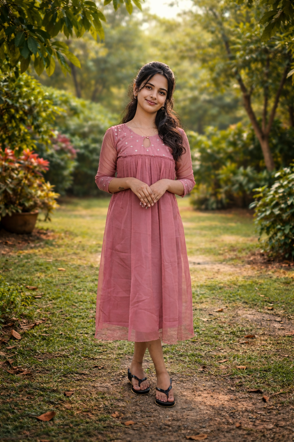 Golden shimmered organza A-line kurti with designer yoke in  peach shade MBS-821 ** ready to dispatch**