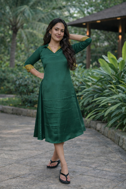 Semi crepe silk A-line kurti detailed with ajrakh MBS-823 ** ready to dispatch**