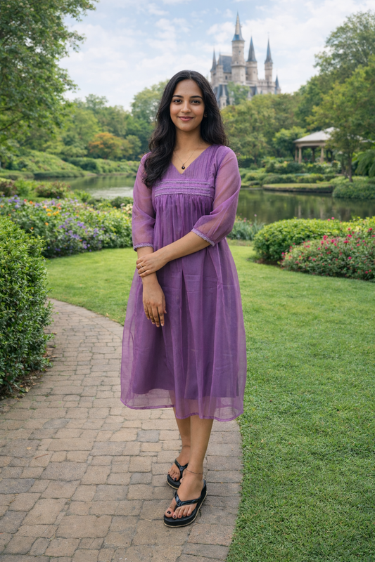 Onion pink shade organza A-line dress/kurti with lace detailed yoke MBS-825 ** ready to dispatch**