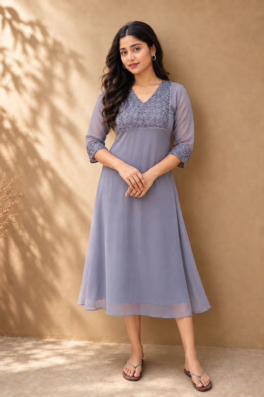 Grey georgette Aline kurti with designer yoke MBS-1516 **Ready to dispatch**