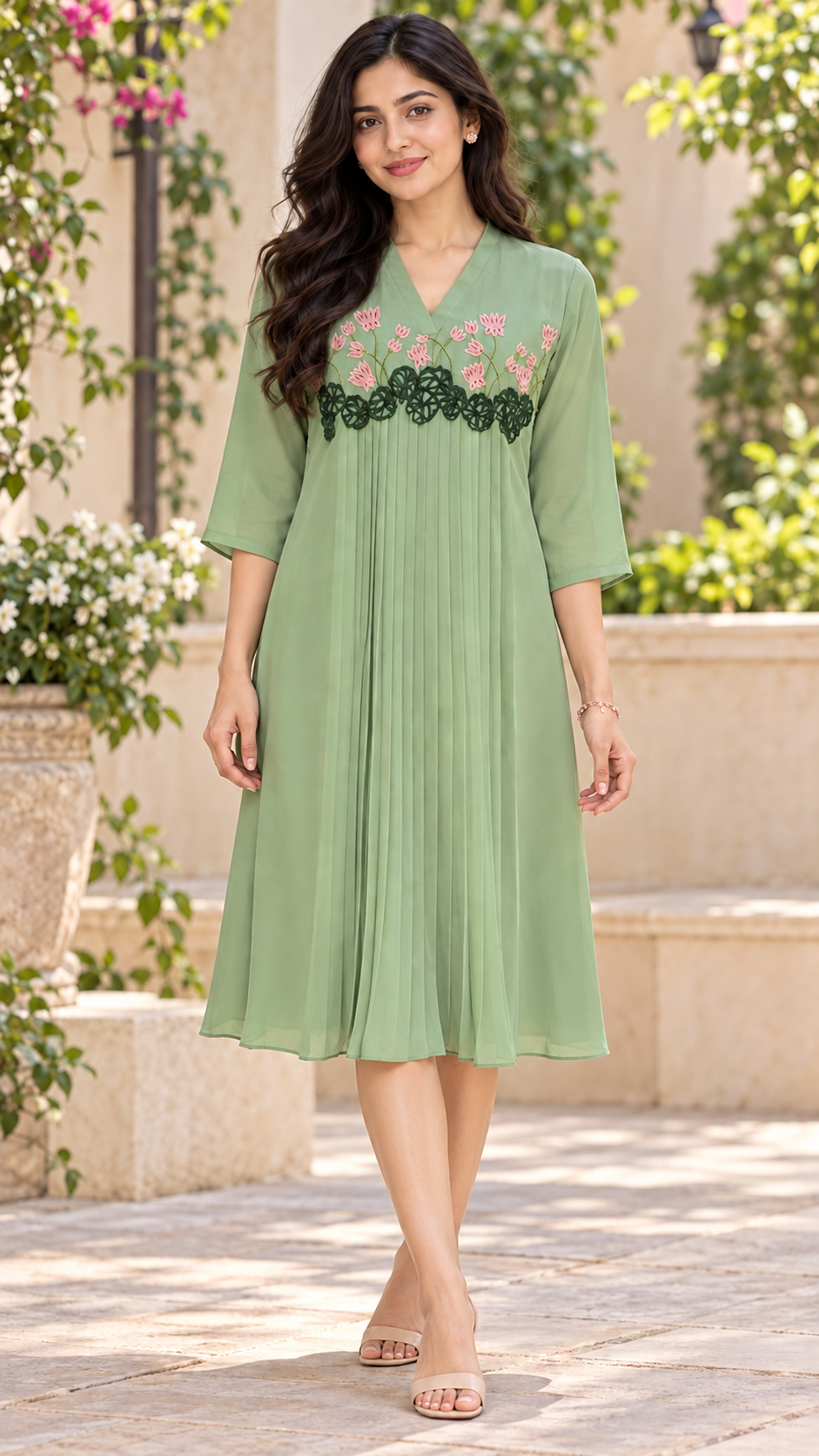 Pista green Georgette with cutworked yoke MBS-1136 **last piece sale**