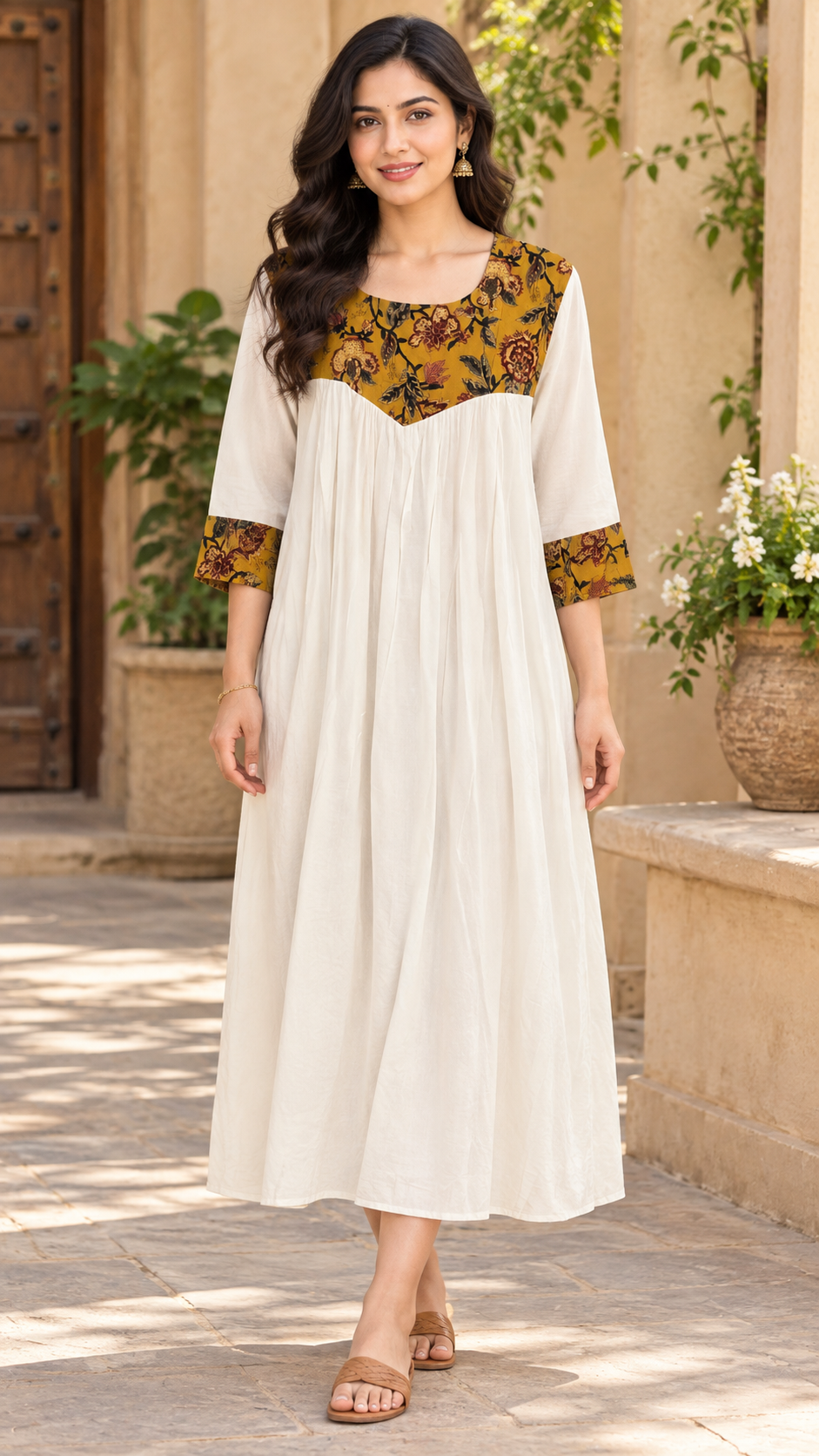 White chanderi Aline kurti with pintucked kalamkari yoke MBS1481 **last piece sale**