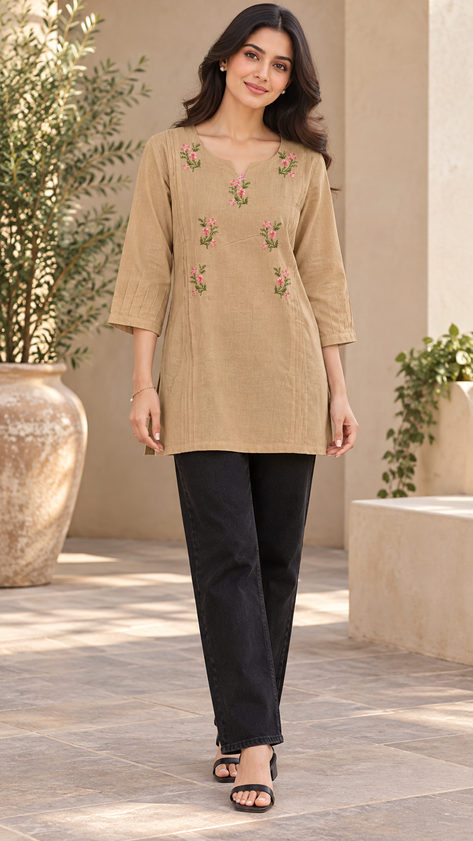 Beige flex short top with floral embroidery MBS-1501 **Ready to dispatch**