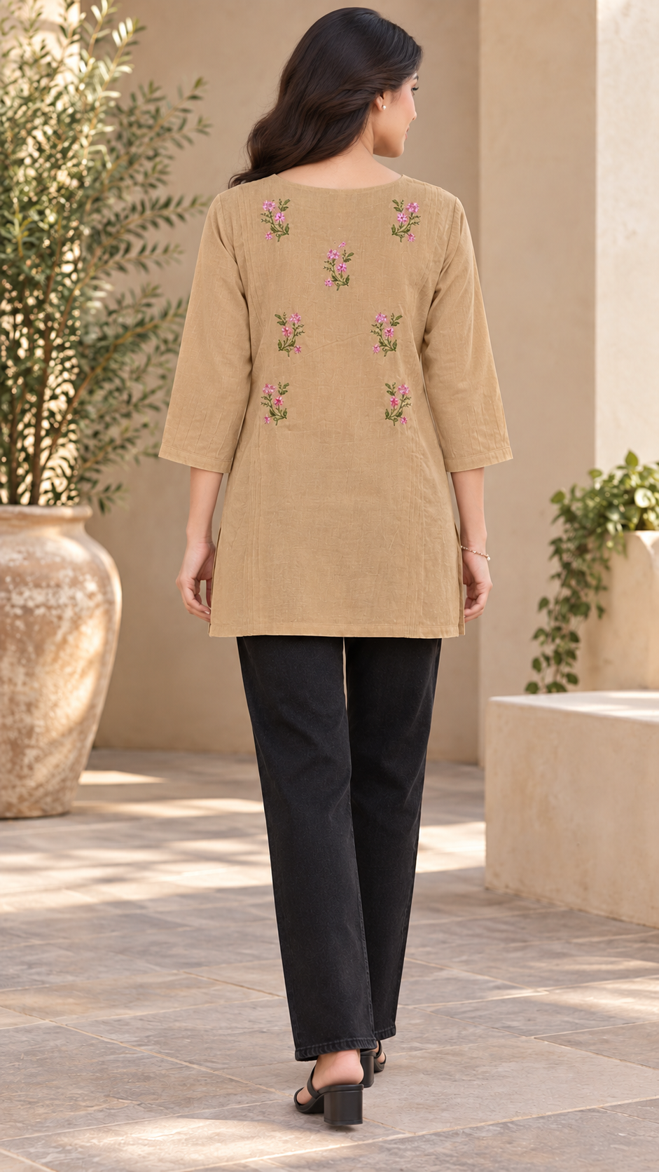 Beige flex short top with floral embroidery MBS-1501 **Ready to dispatch**