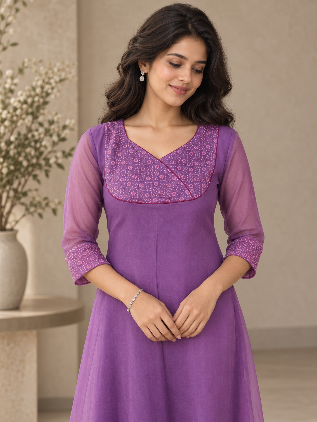 Lavender shaded organza Kurti with overlapped designer yoke MBS-1440 **Ready to dispatch**