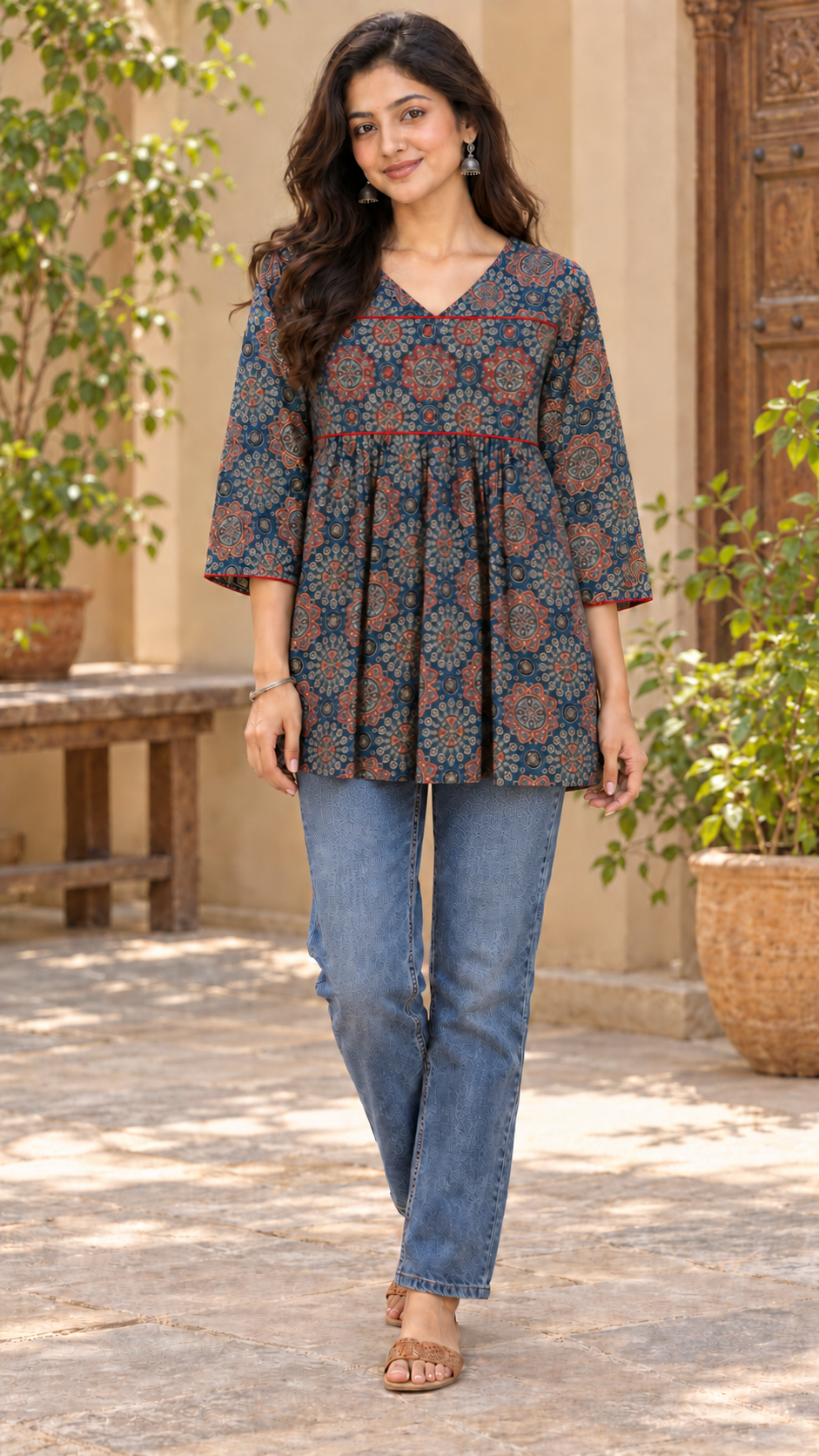 Blue Indigo Ajrak Printed Short Top With Hand work MBS-1201 **Ready to dispatch** **last piece sale**