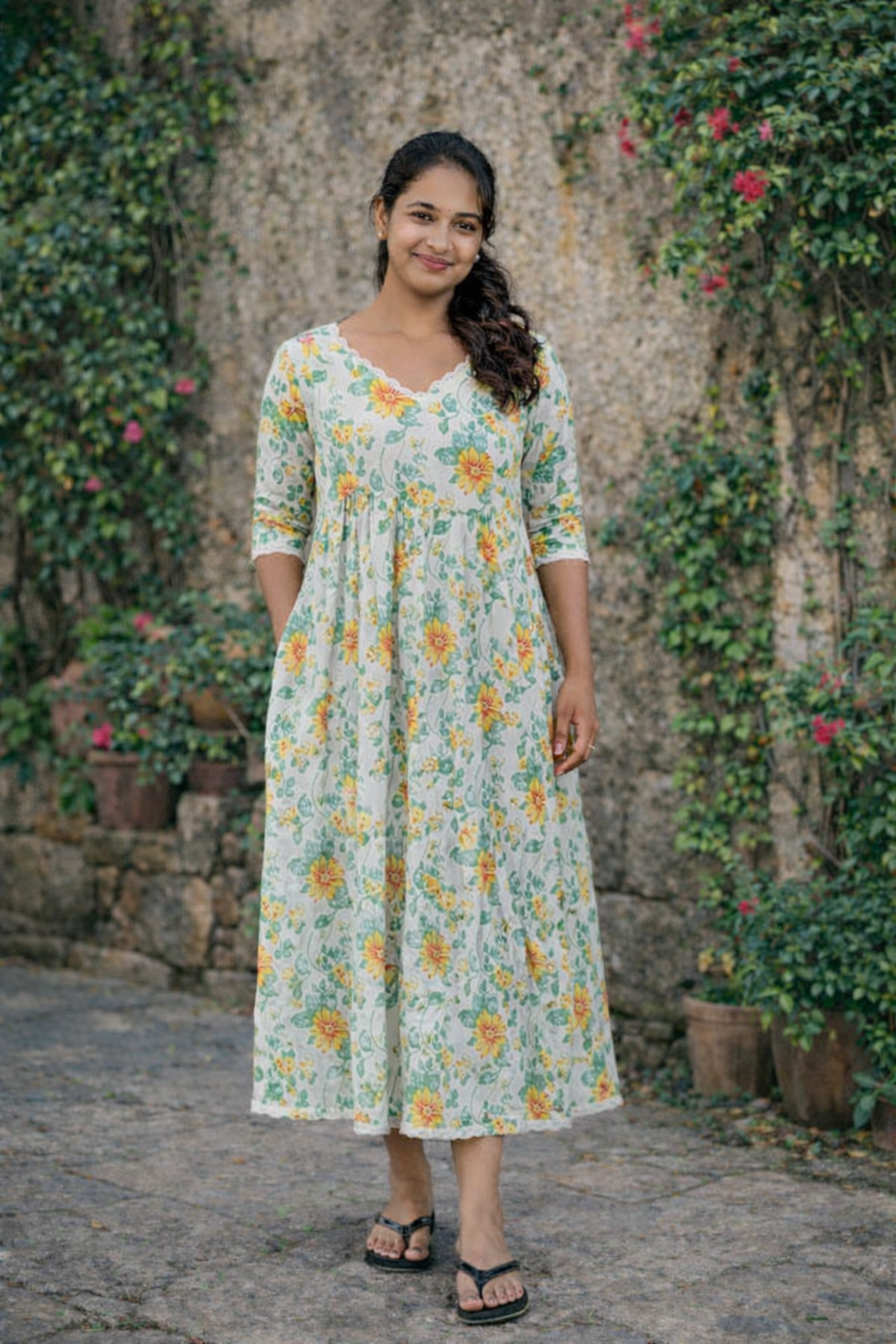 Tropical printed cotton A-line kurti with lace detailed neck and pleated yoke MBS-808 ** ready to dispatch**