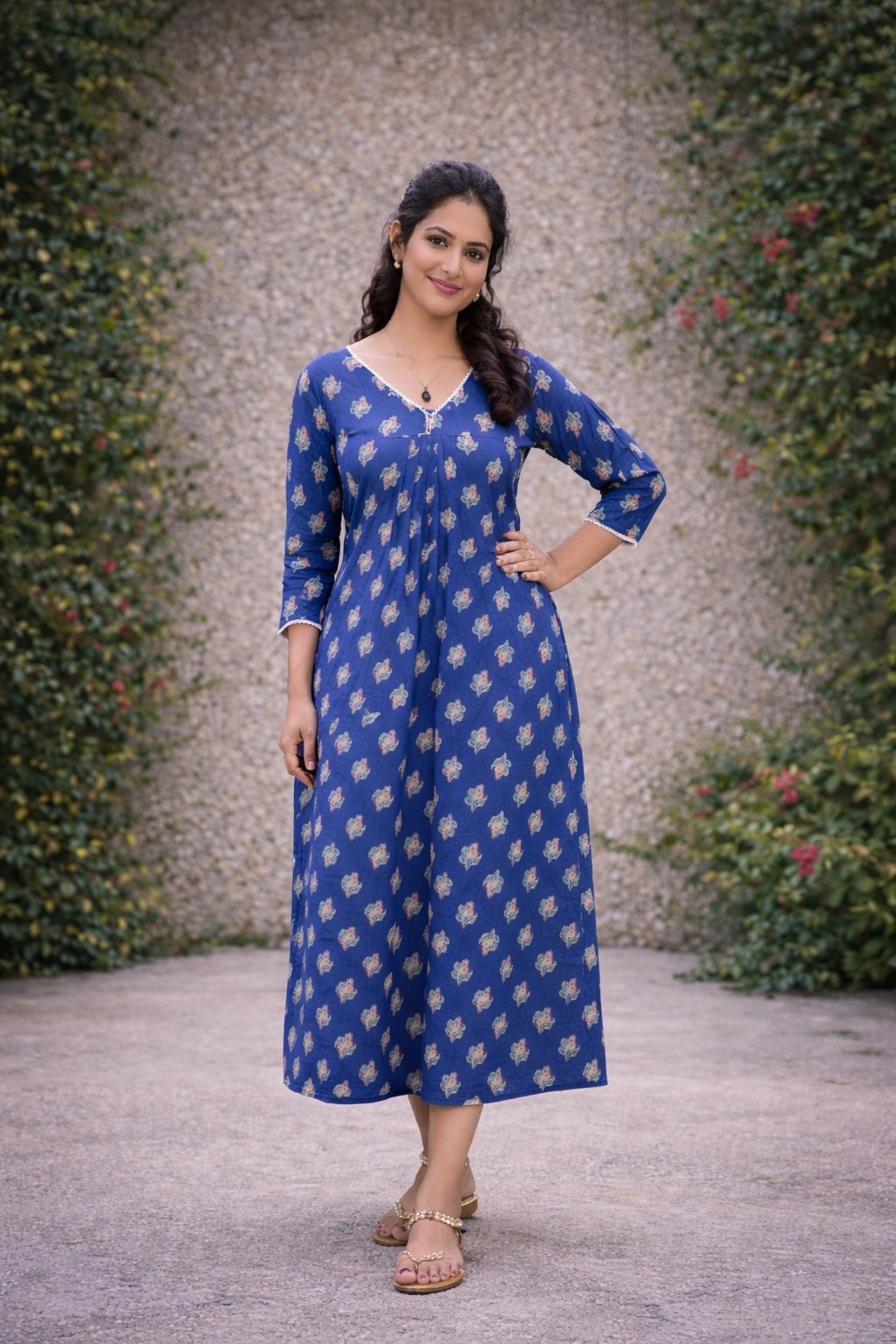 Floral printed cotton A-line kurti with lace detailed neck MBS-816 ** ready to dispatch**