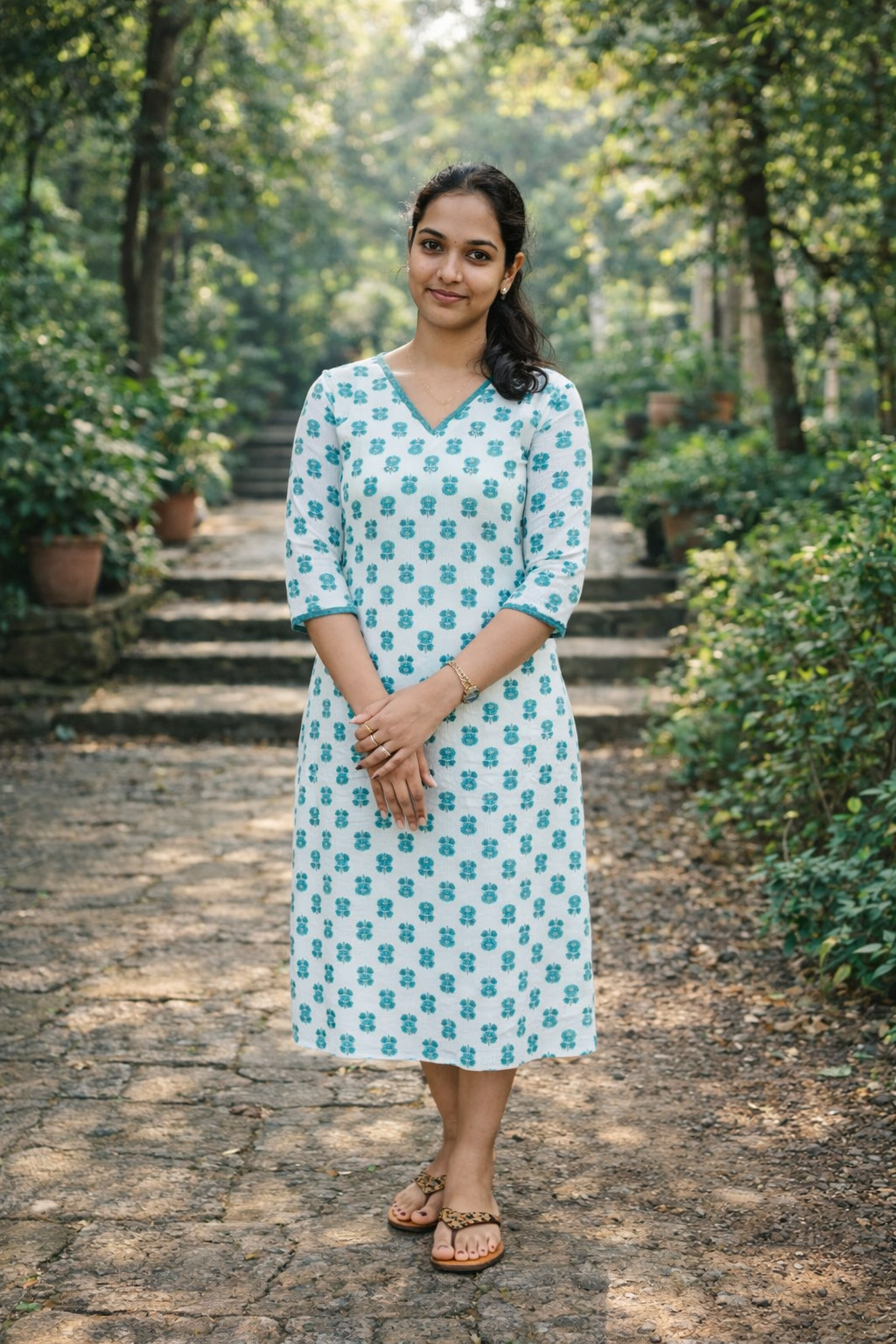 Floral printed katha cotton Aline kurti with sequins handworked yoke in offwhite shade MBS-788 **ready to dispatch**