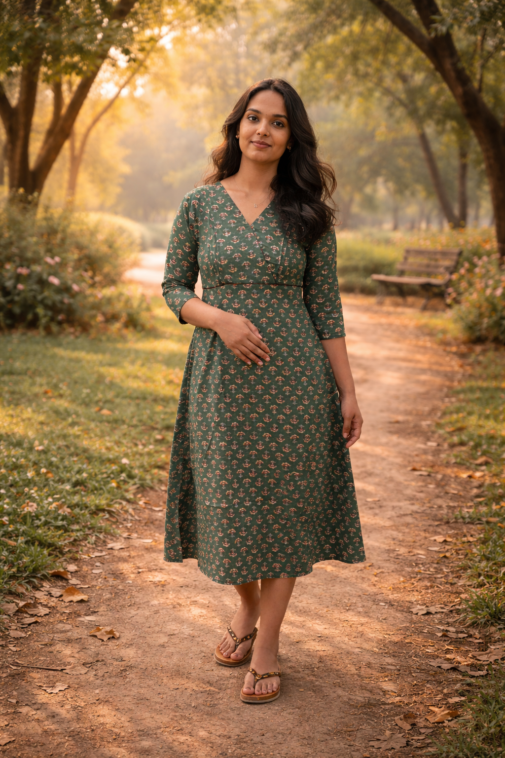Green floral printed cotton A-line kurti with overlapped yoke and pleats MBS-MBS-792 ** Ready to dispatch **