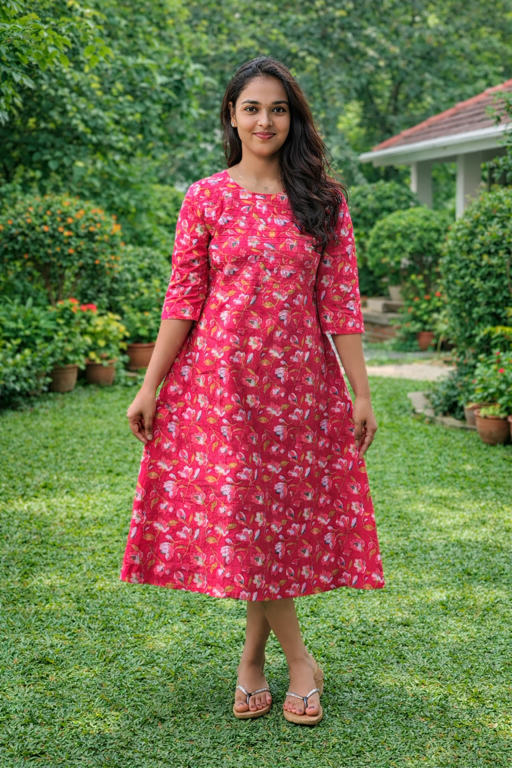 Red floral printed cotton Aline kurti/dress with pintuck detailed yoke MBS-795 **ready to dispatch**