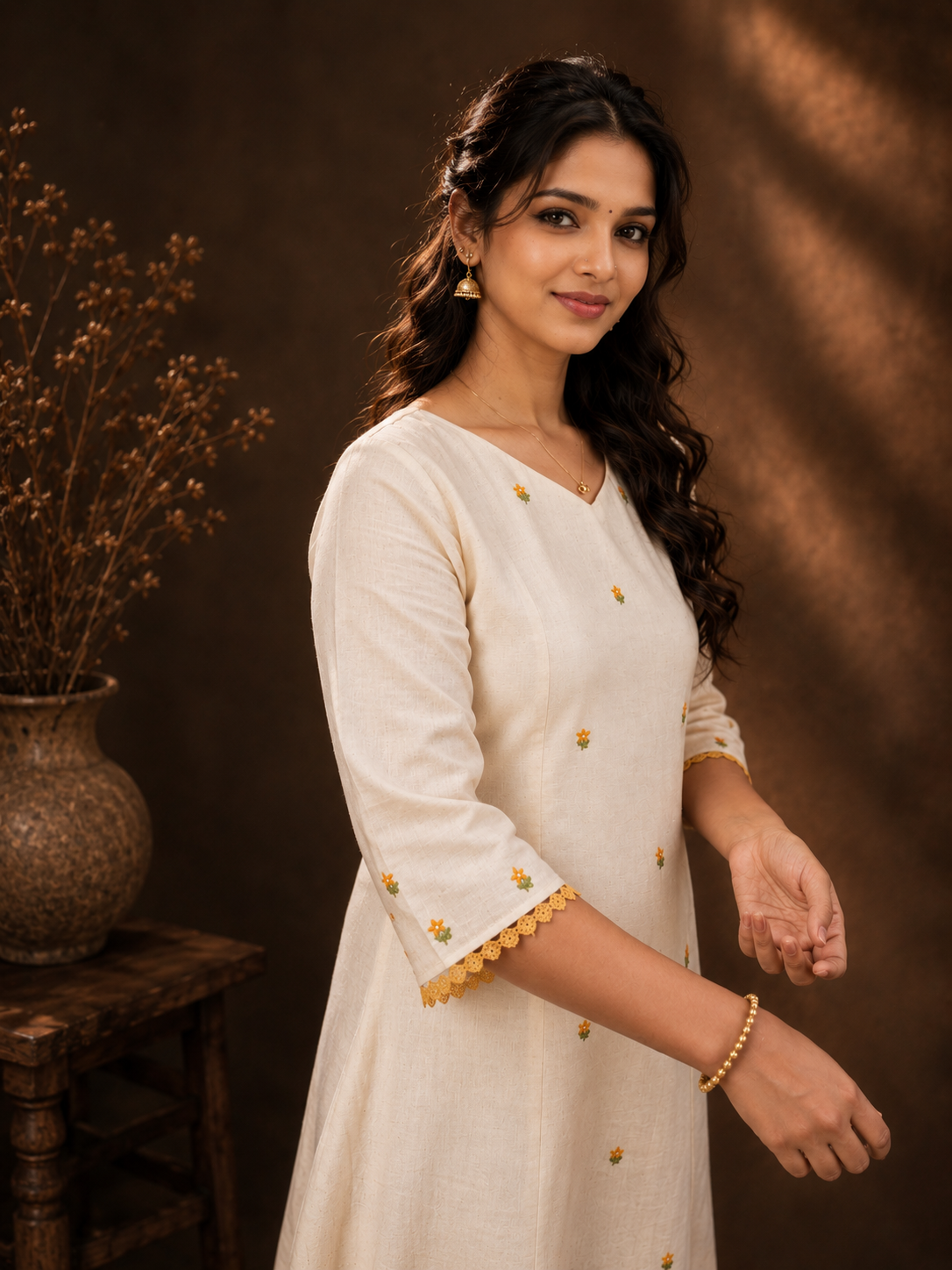 Off-white flex cotton Aline kurti with hand embroidered middle panel and hemline MBS-1313 **Onam 26**