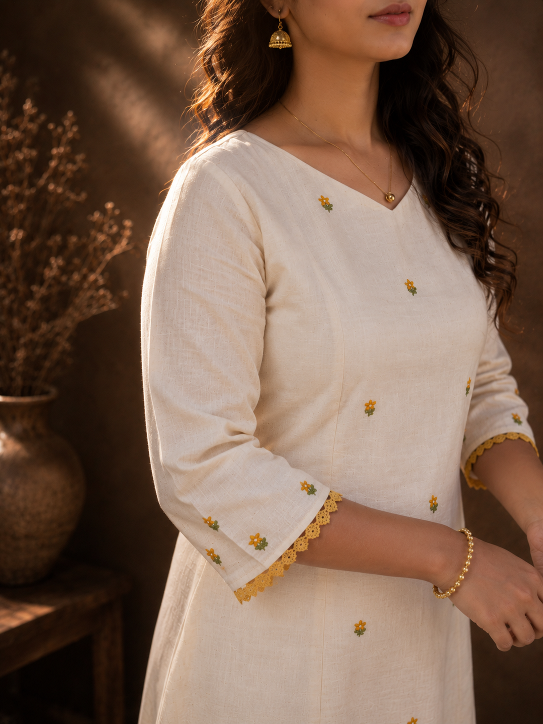 Off-white flex cotton Aline kurti with hand embroidered middle panel and hemline MBS-1313 **Onam 26**