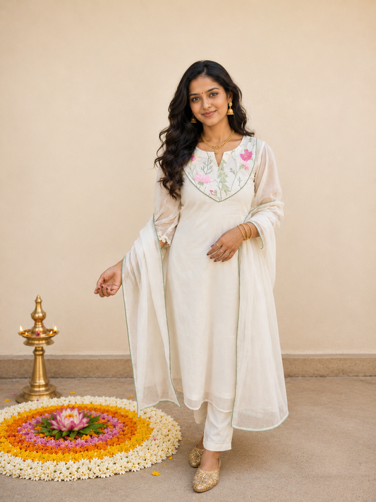Off-white viscose chanderi Aline kurti with multi thread floral embroidered yoke and piping dupatta MBS-1246