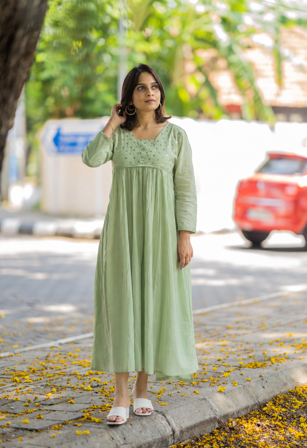 Pista green shaded Kora mul cotton A-line kurti with handwork detailed yoke MBS-581 **Ready to dispatch** **last piece sale**