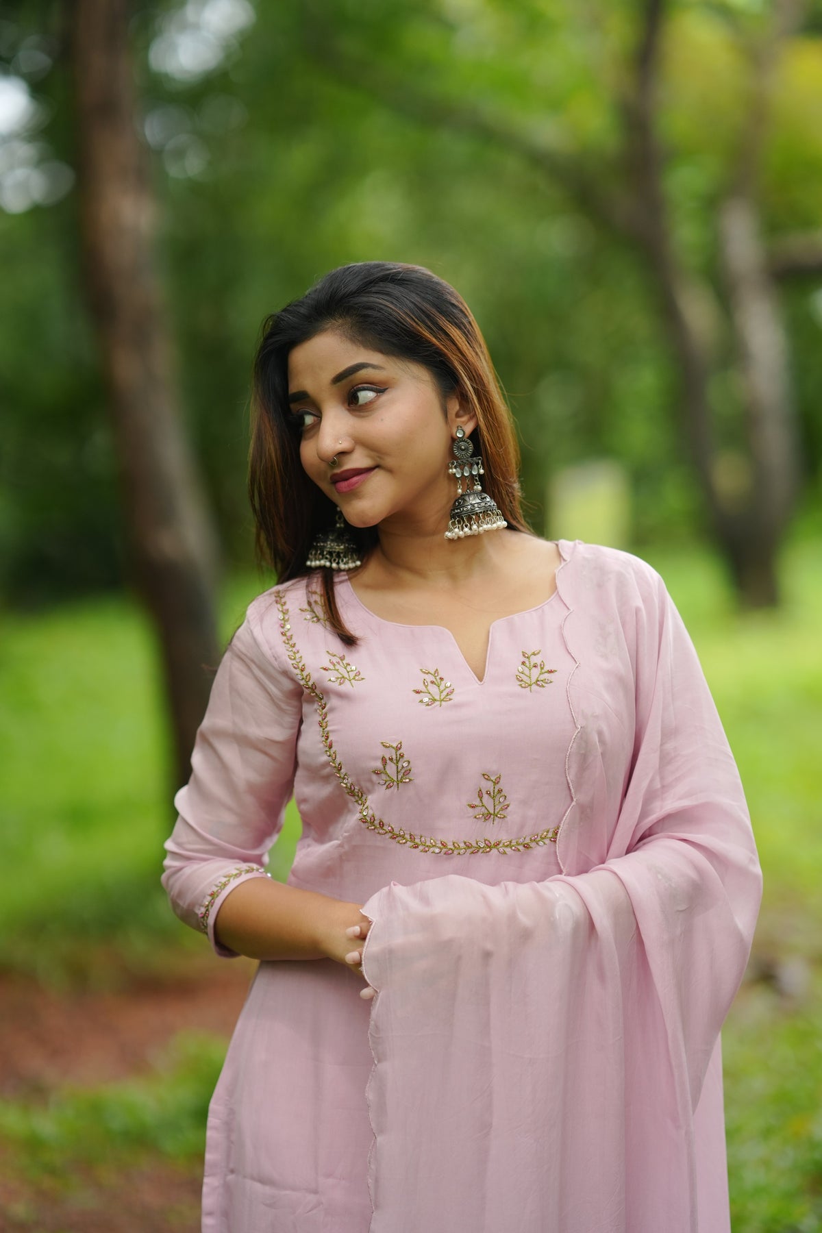 Soft lilac shaded viscose organza partywear Kurti with hand worked yoke, sleeves and dupatta (inludes 2.5 meters of snatoon fabric for bottom) MBS-1337