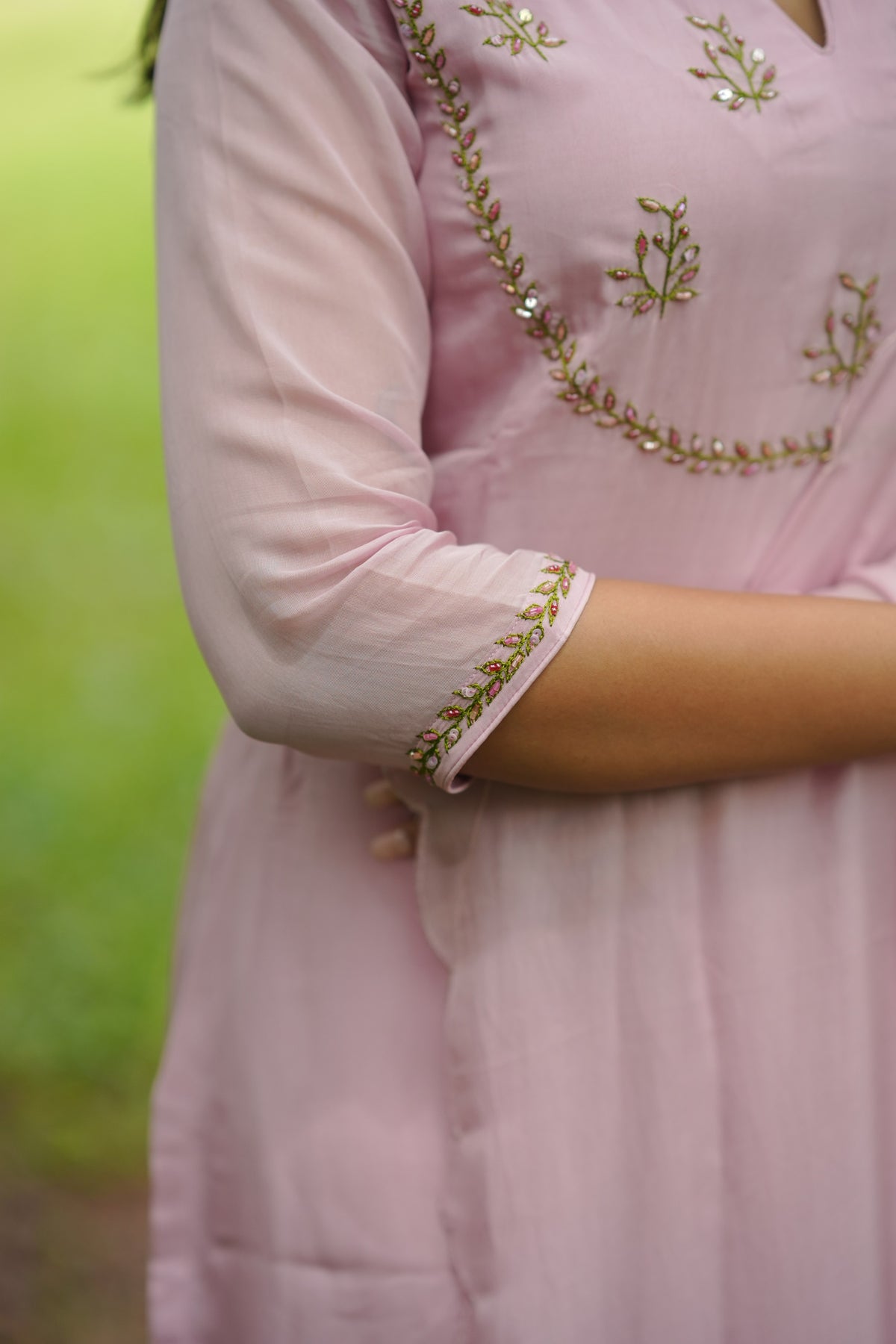 Soft lilac shaded viscose organza partywear Kurti with hand worked yoke, sleeves and dupatta (inludes 2.5 meters of snatoon fabric for bottom) MBS-1337