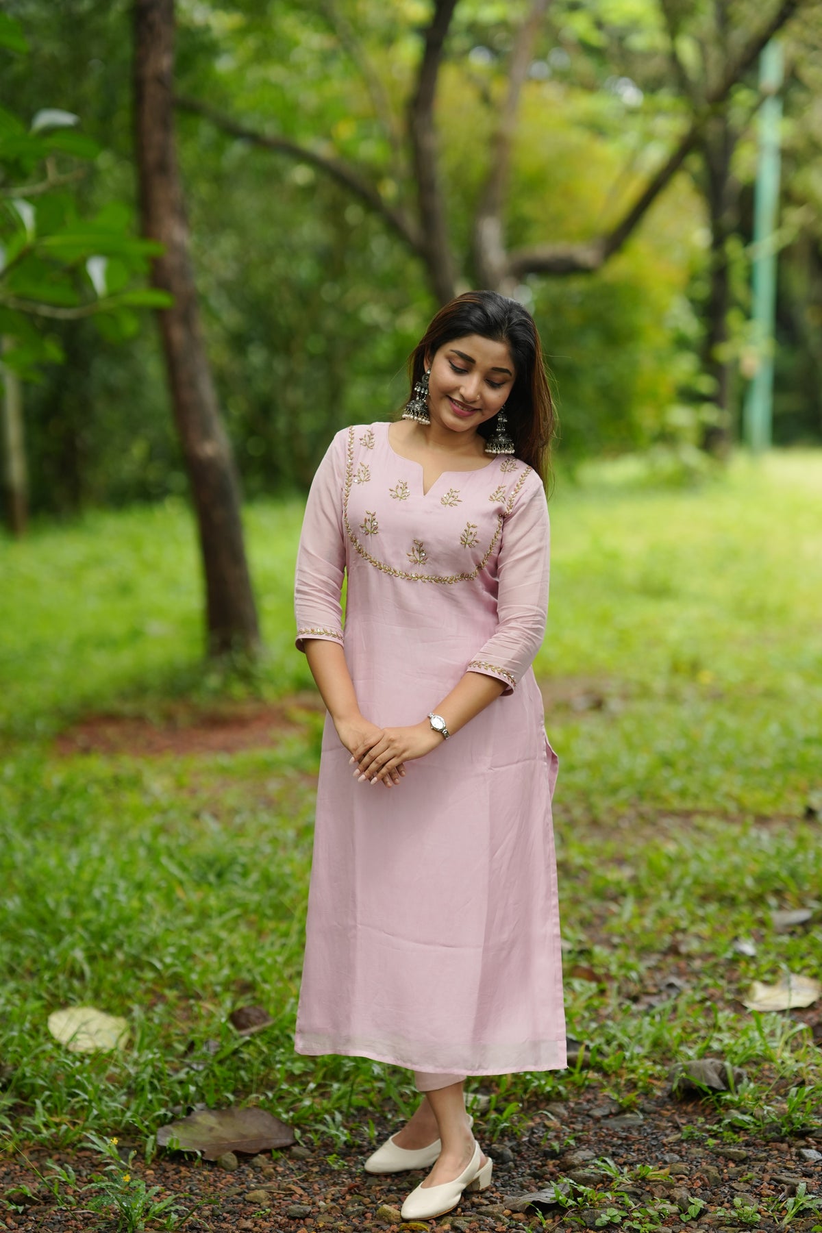 Soft lilac shaded viscose organza partywear Kurti with hand worked yoke, sleeves and dupatta (inludes 2.5 meters of snatoon fabric for bottom) MBS-1337