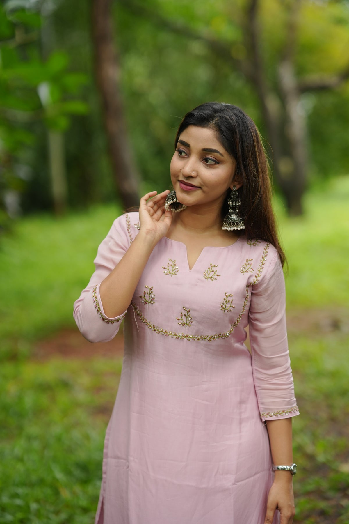Soft lilac shaded viscose organza partywear Kurti with hand worked yoke, sleeves and dupatta (inludes 2.5 meters of snatoon fabric for bottom) MBS-1337