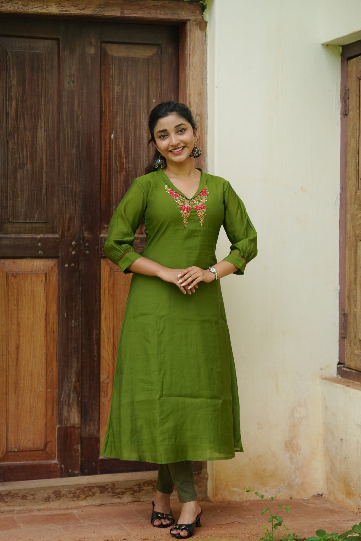 Green Roman silk Aline kurti with folded collar and zardosi handwork detailings paired with scalloped dupatta MBS-1274