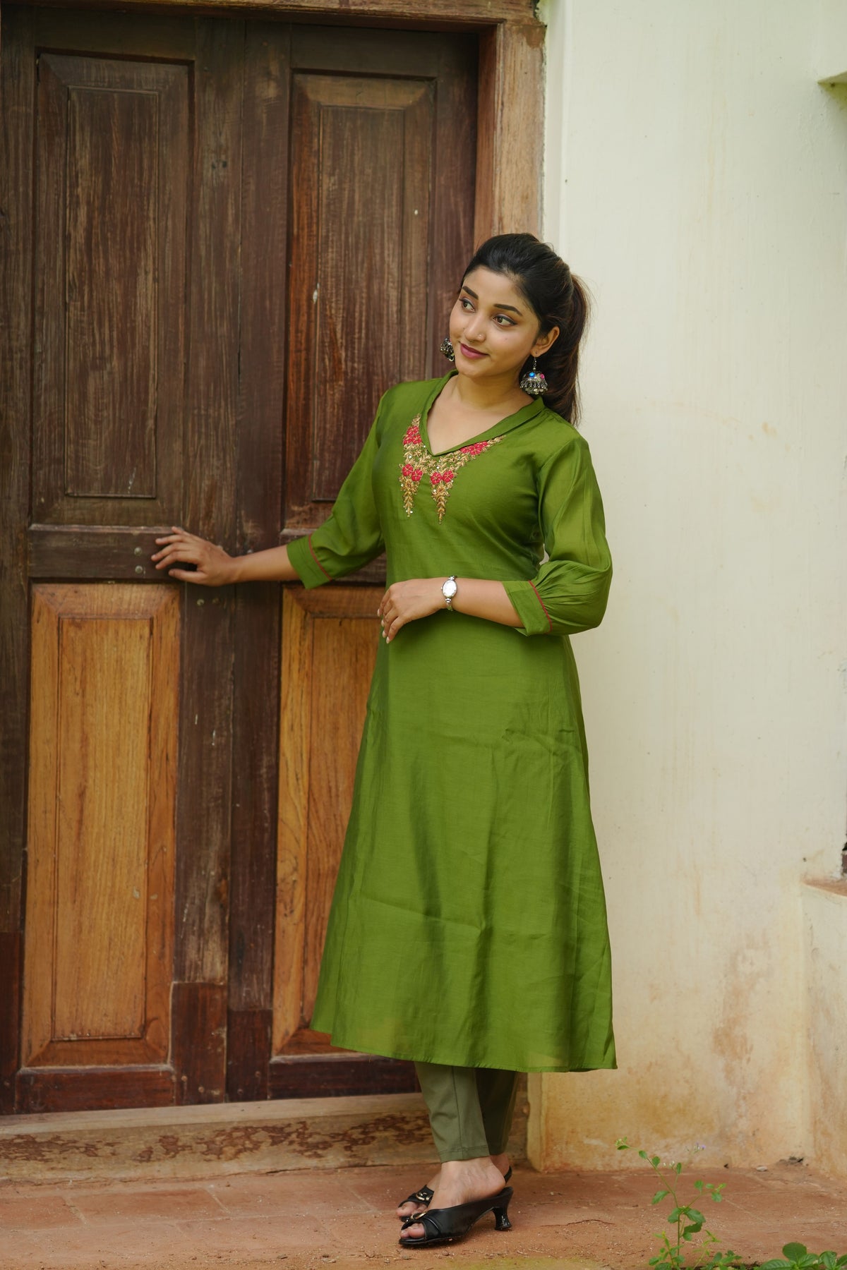 Green Roman silk Aline kurti with folded collar and zardosi handwork detailings paired with scalloped dupatta MBS-1274