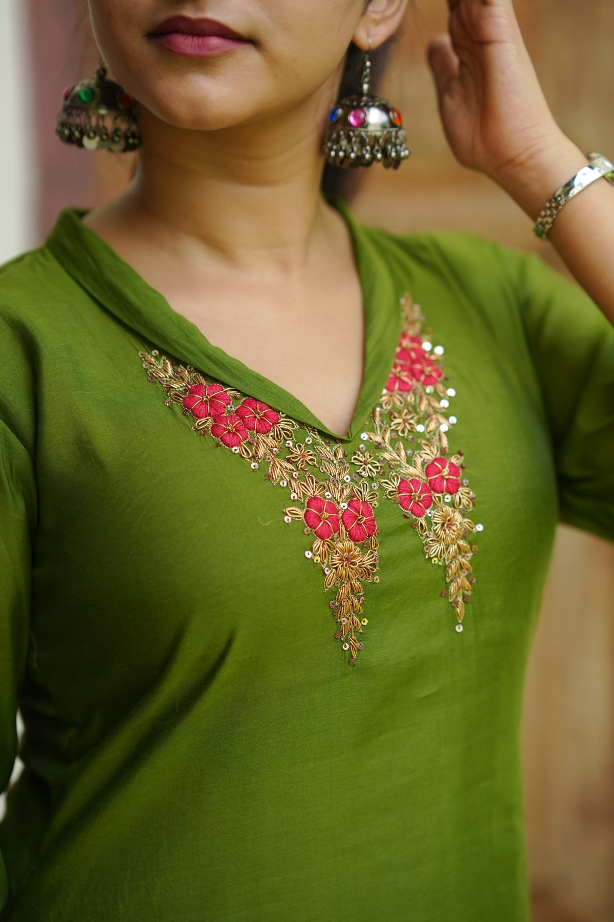 Green Roman silk Aline kurti with folded collar and zardosi handwork detailings paired with scalloped dupatta MBS-1274