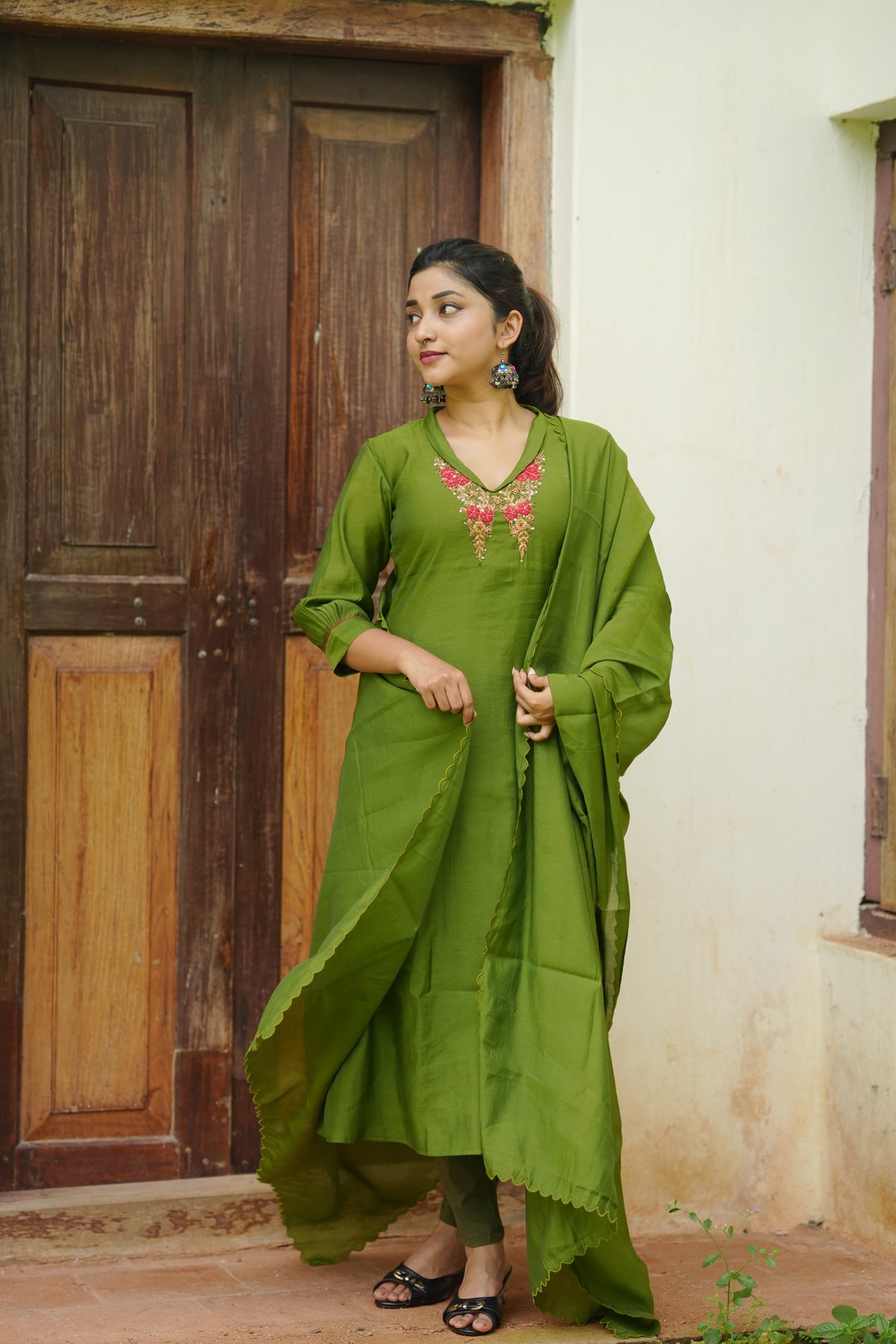 Green Roman silk Aline kurti with folded collar and zardosi handwork detailings paired with scalloped dupatta MBS-1274