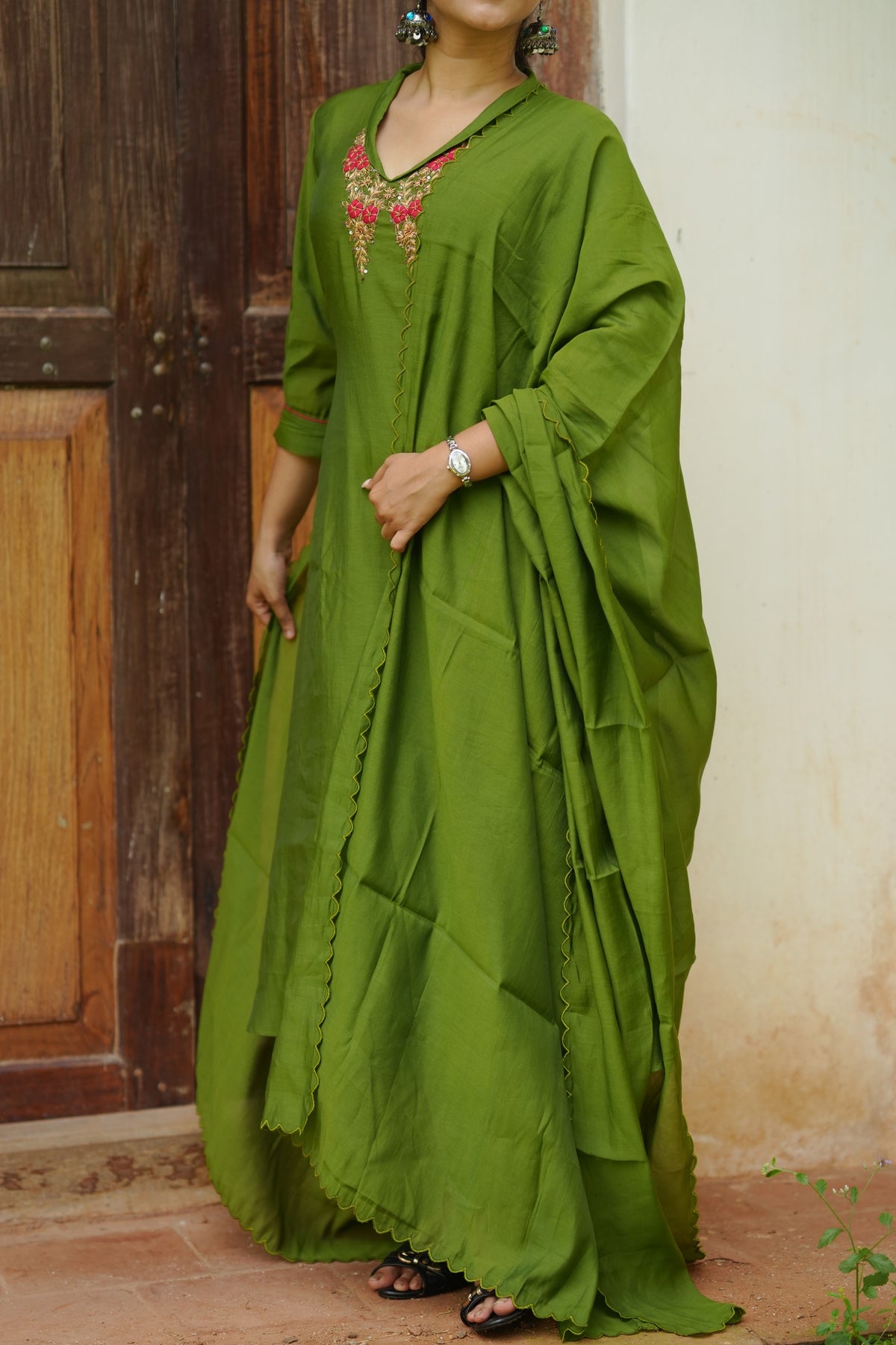 Green Roman silk Aline kurti with folded collar and zardosi handwork detailings paired with scalloped dupatta MBS-1274