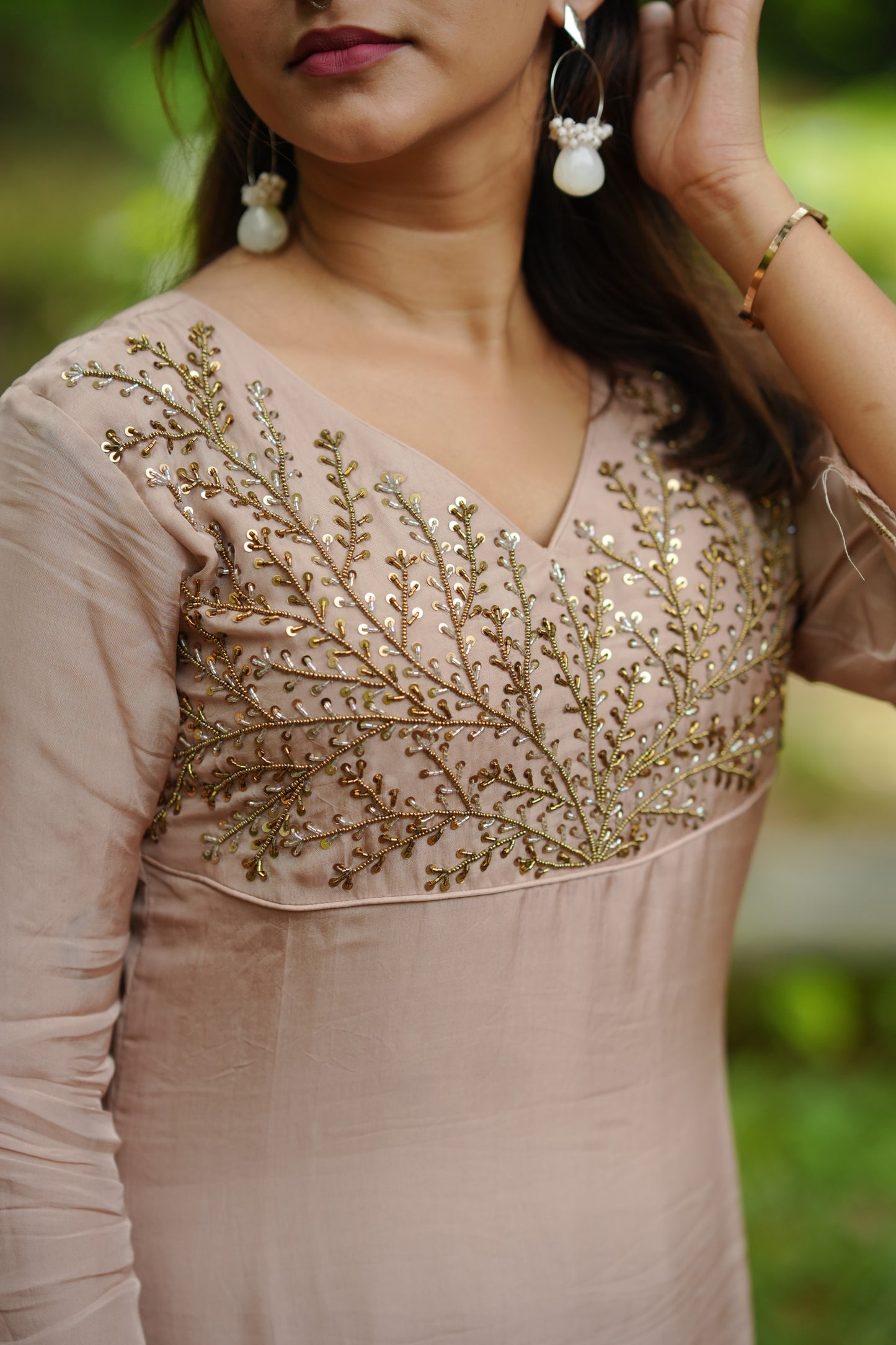 Beige viscose organza partywear kurti with handworked yoke and dupatta MBS-1333