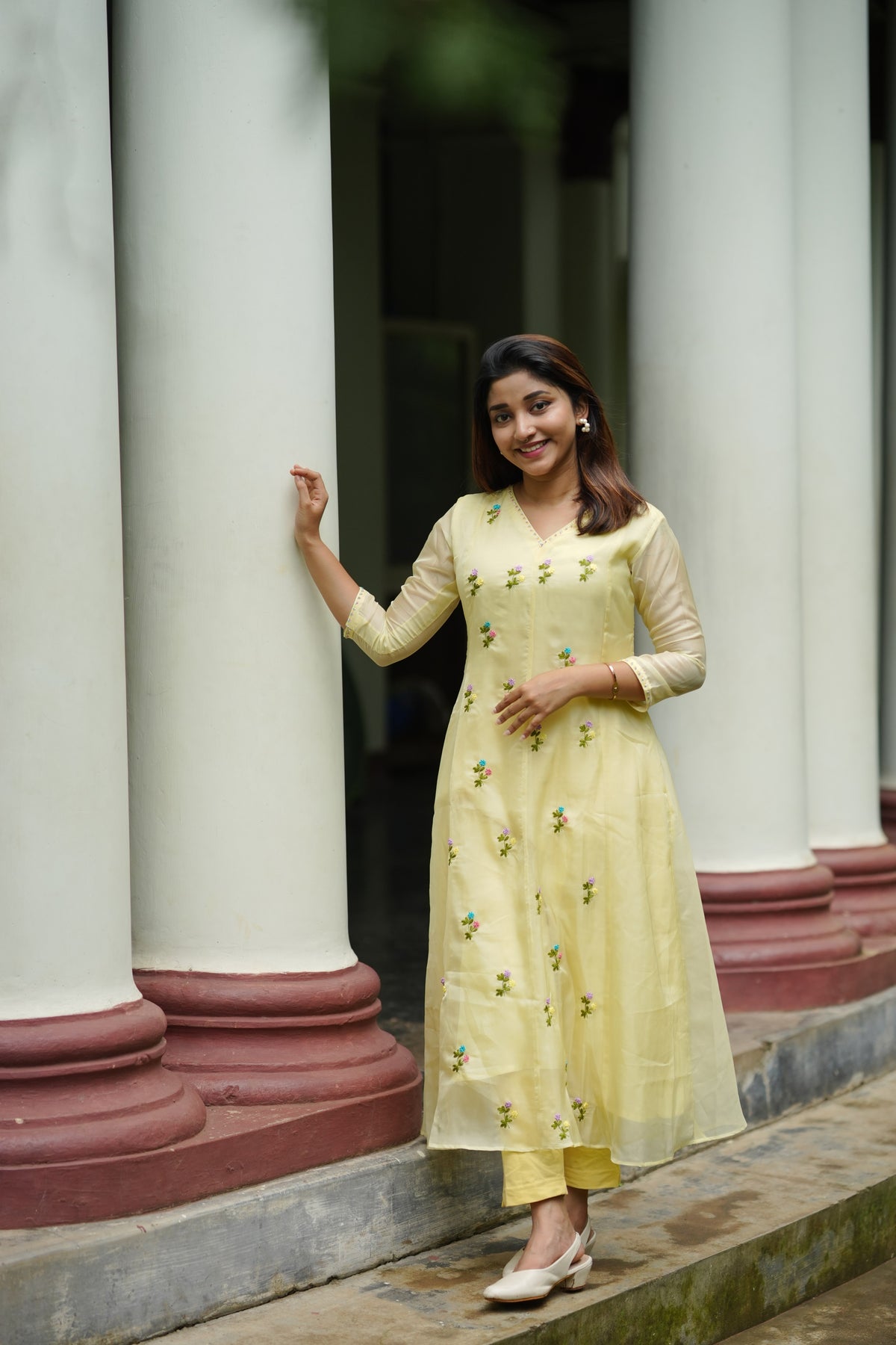 Pale yellow soft organza panel cut Aline Kurti with hand embroidery detailings and scallopped dupatta MBS-1308