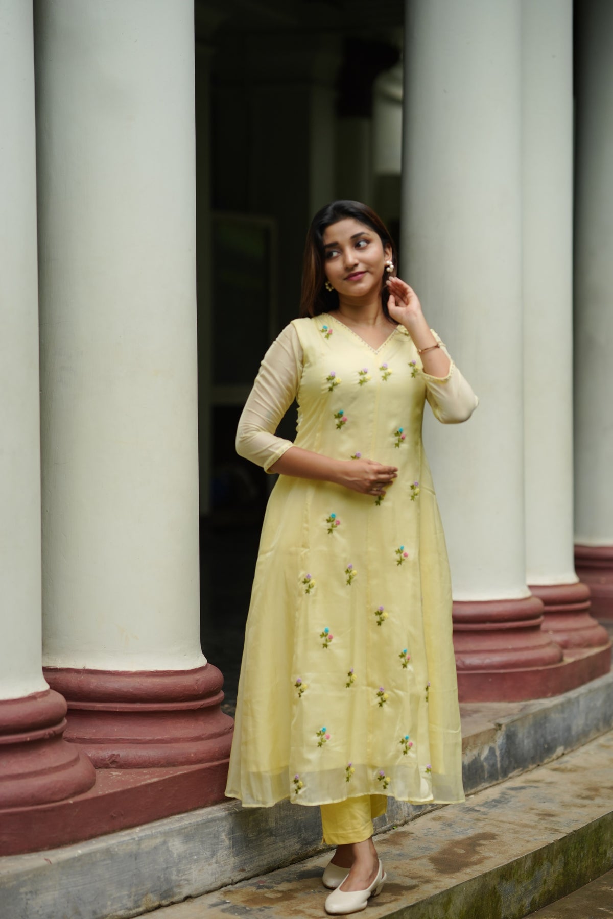 Pale yellow soft organza panel cut Aline Kurti with hand embroidery detailings and scallopped dupatta MBS-1308