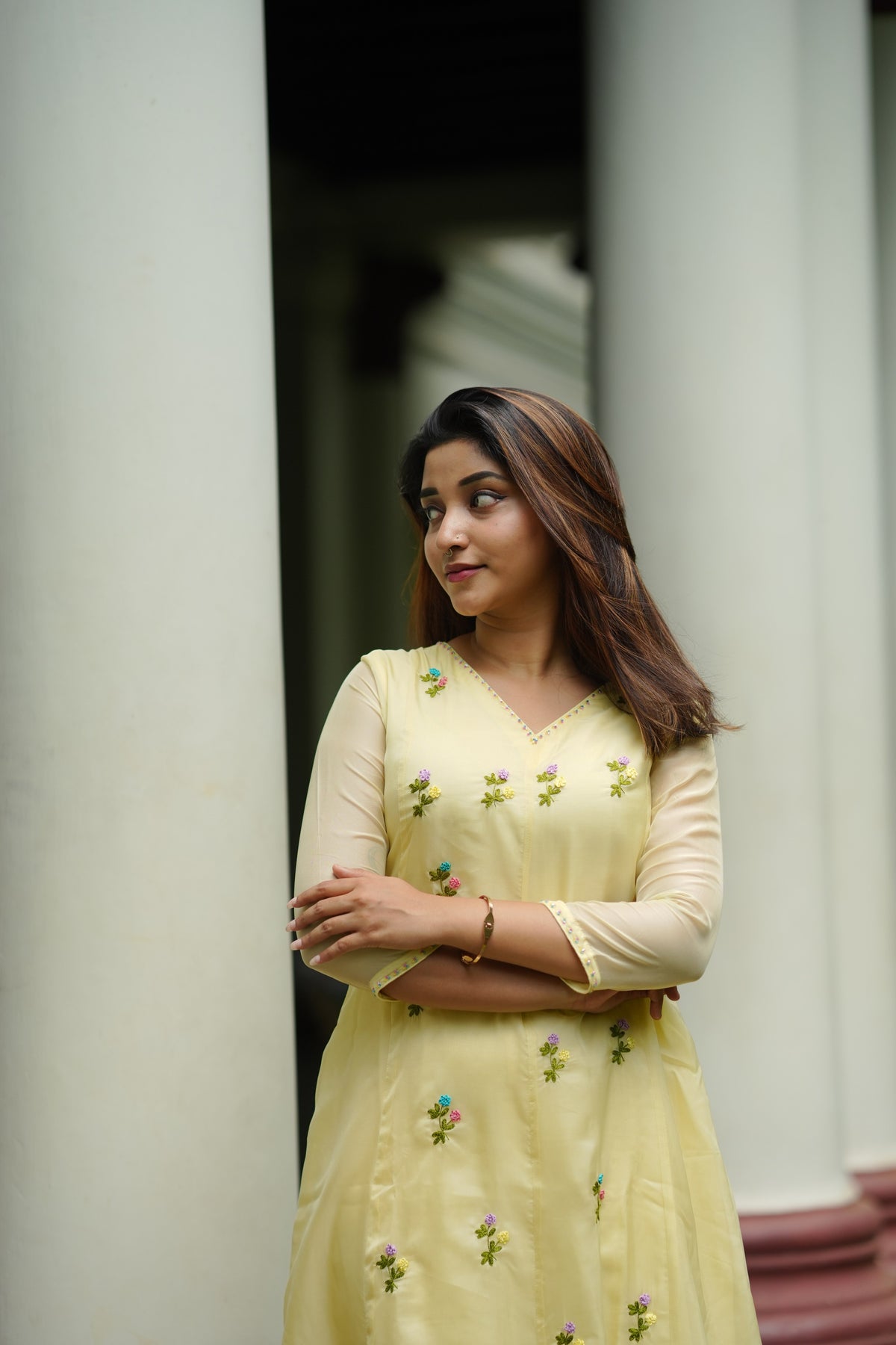 Pale yellow soft organza panel cut Aline Kurti with hand embroidery detailings and scallopped dupatta MBS-1308