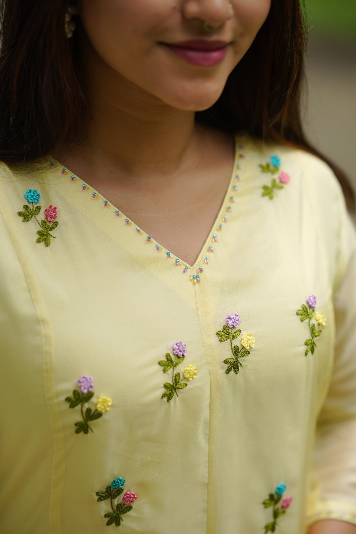 Pale yellow soft organza panel cut Aline Kurti with hand embroidery detailings and scallopped dupatta MBS-1308