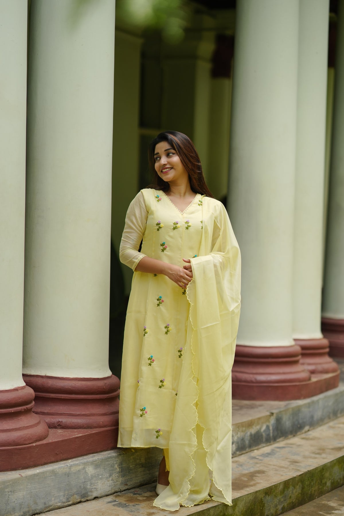 Pale yellow soft organza panel cut Aline Kurti with hand embroidery detailings and scallopped dupatta MBS-1308