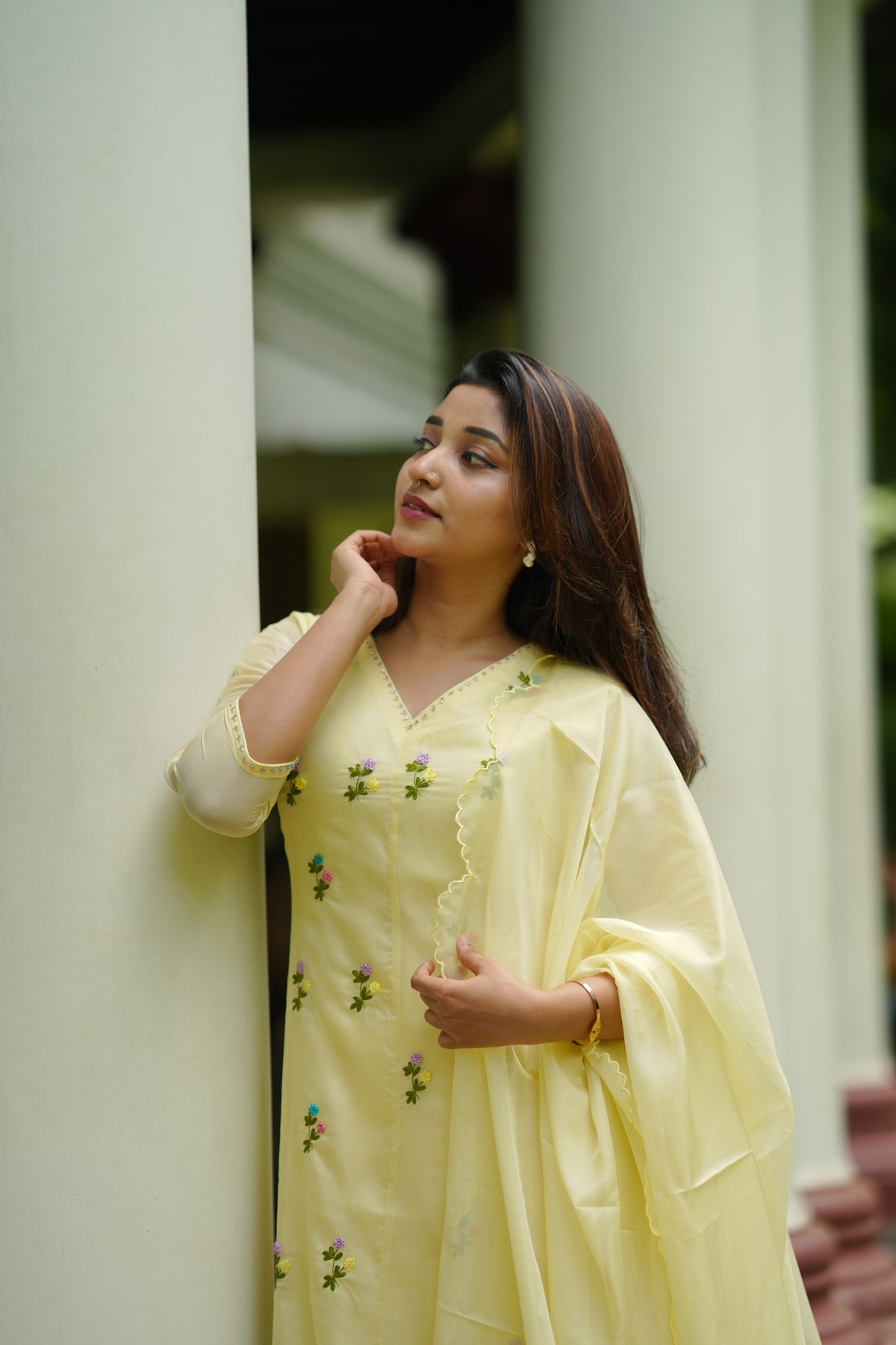 Pale yellow soft organza panel cut Aline Kurti with hand embroidery detailings and scallopped dupatta MBS-1308