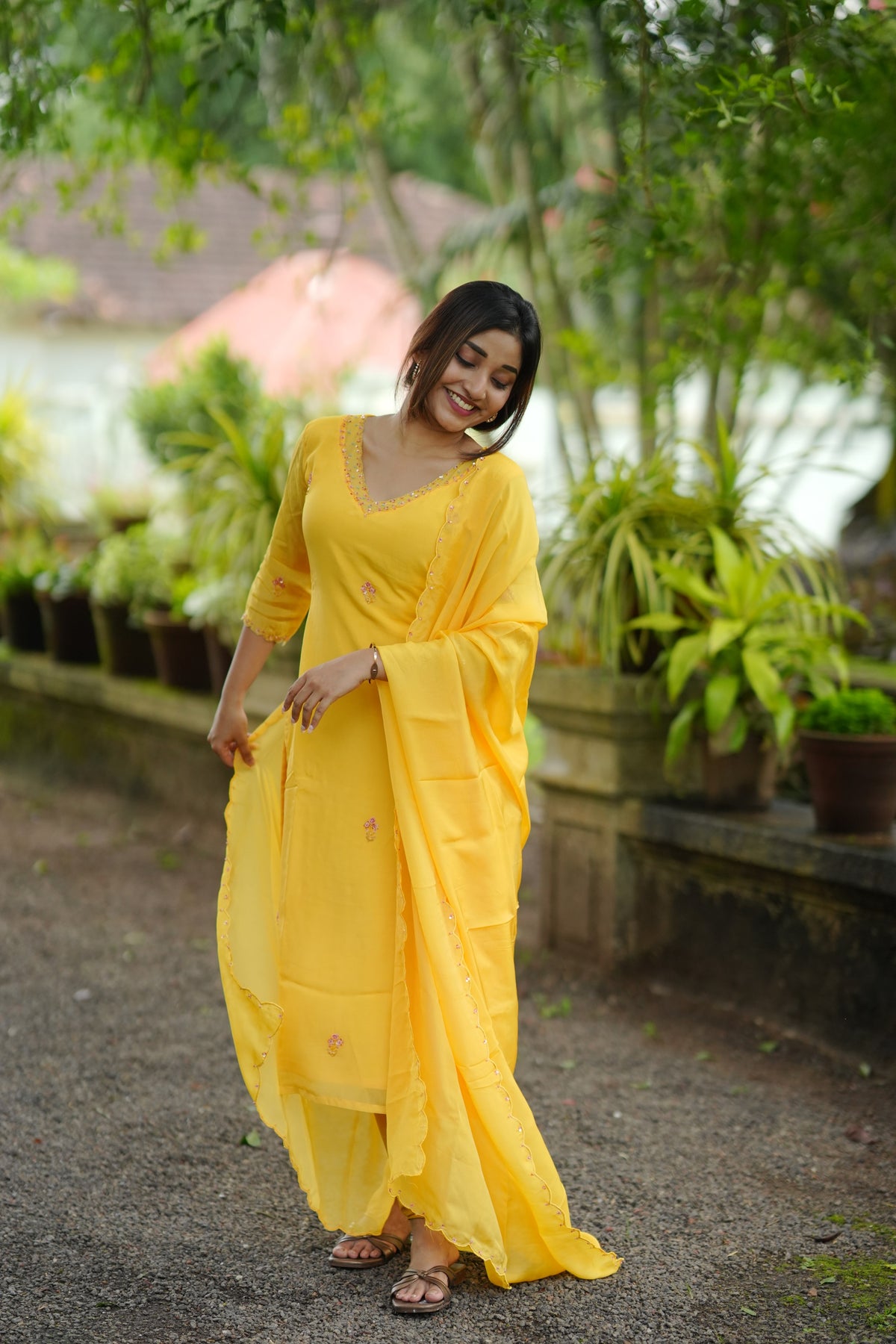 Yellow viscose organza partywear kurti with hand embroidered top and dupatta paired with santoon fabric for bottom MBS-1335