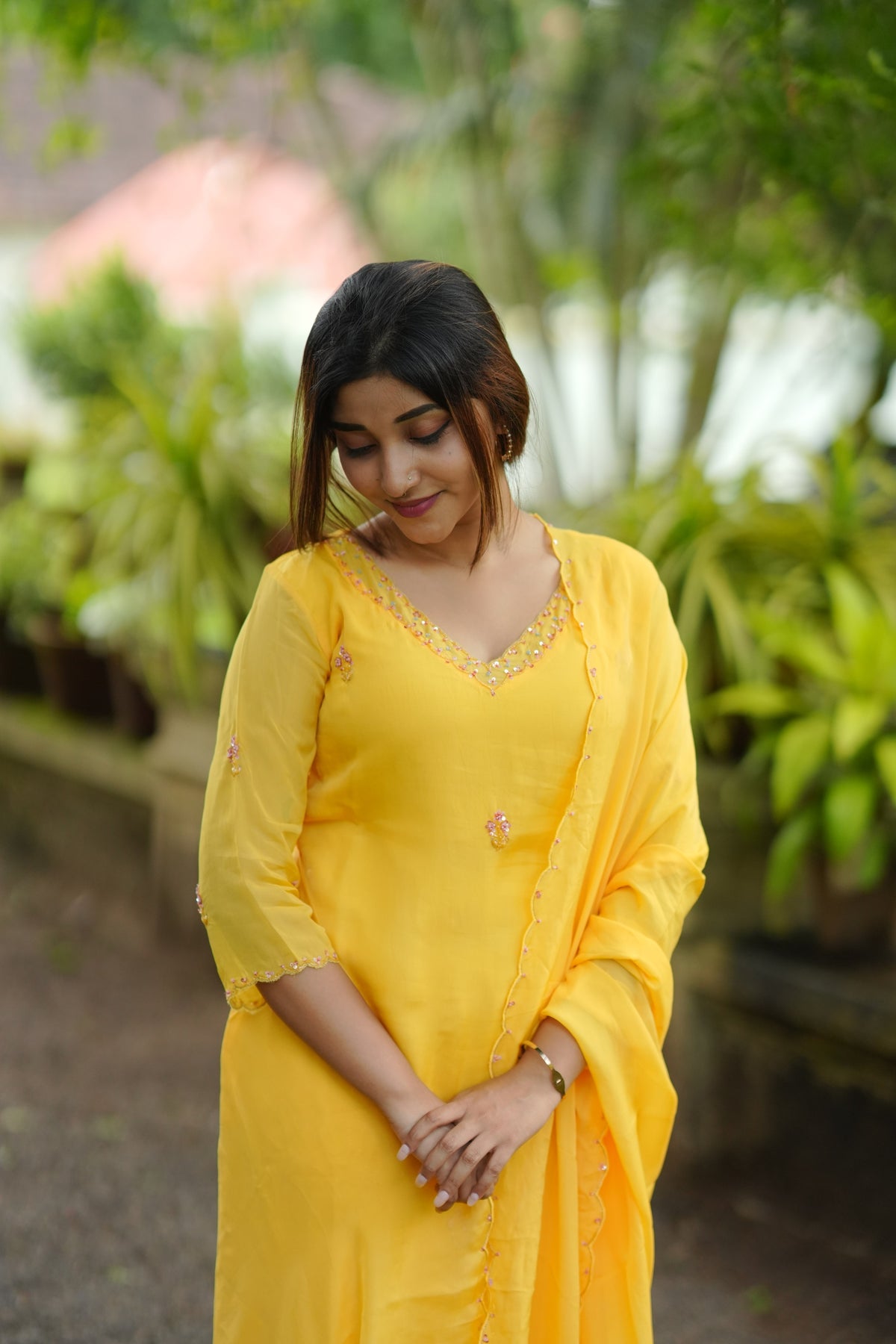 Yellow viscose organza partywear kurti with hand embroidered top and dupatta paired with santoon fabric for bottom MBS-1335