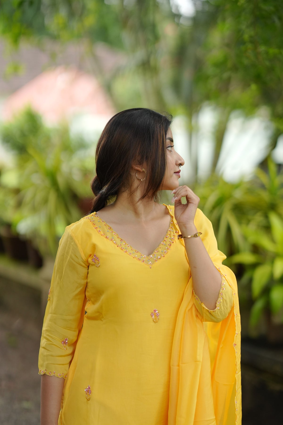 Yellow viscose organza partywear kurti with hand embroidered top and dupatta paired with santoon fabric for bottom MBS-1335