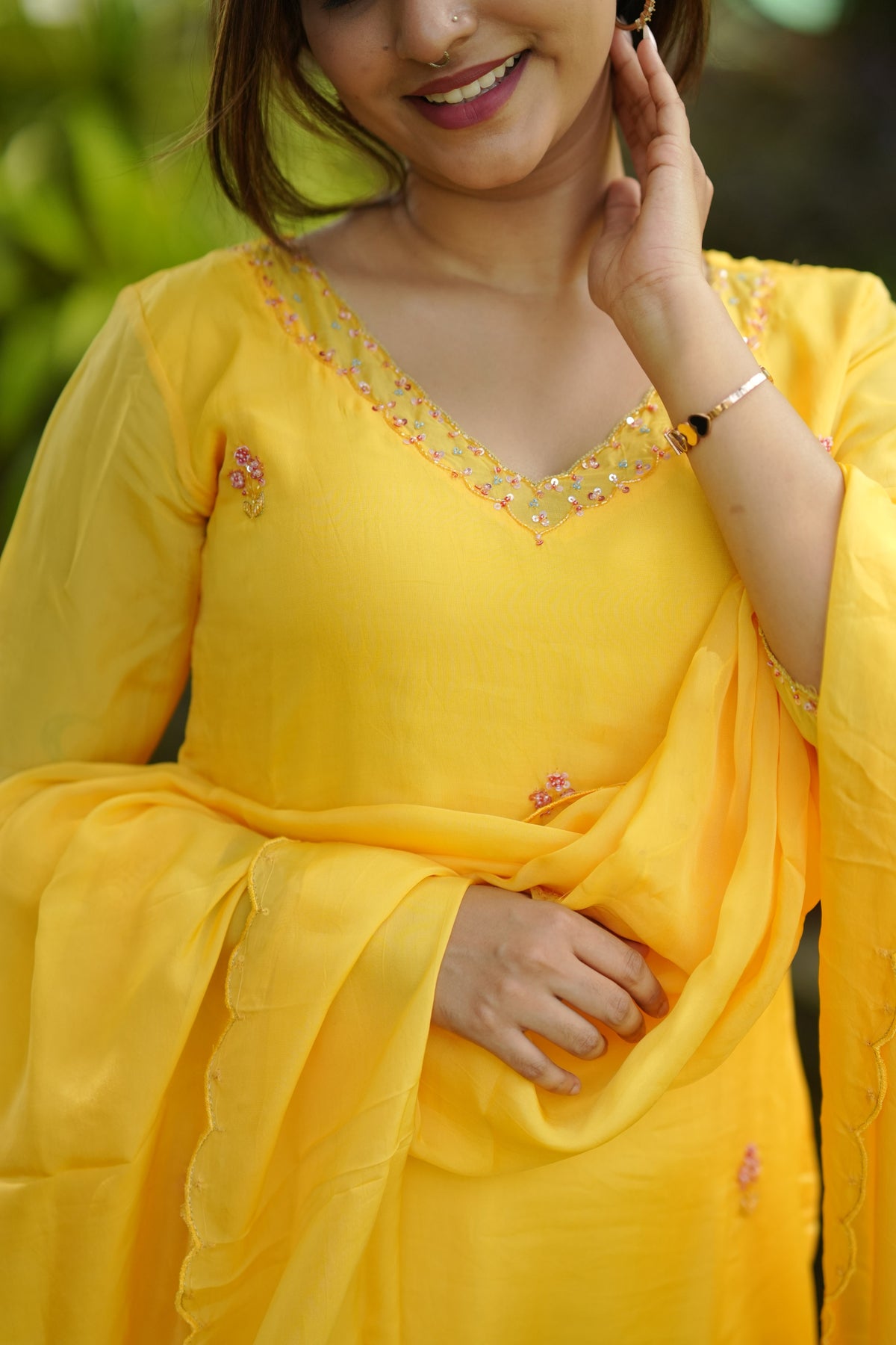 Yellow viscose organza partywear kurti with hand embroidered top and dupatta paired with santoon fabric for bottom MBS-1335