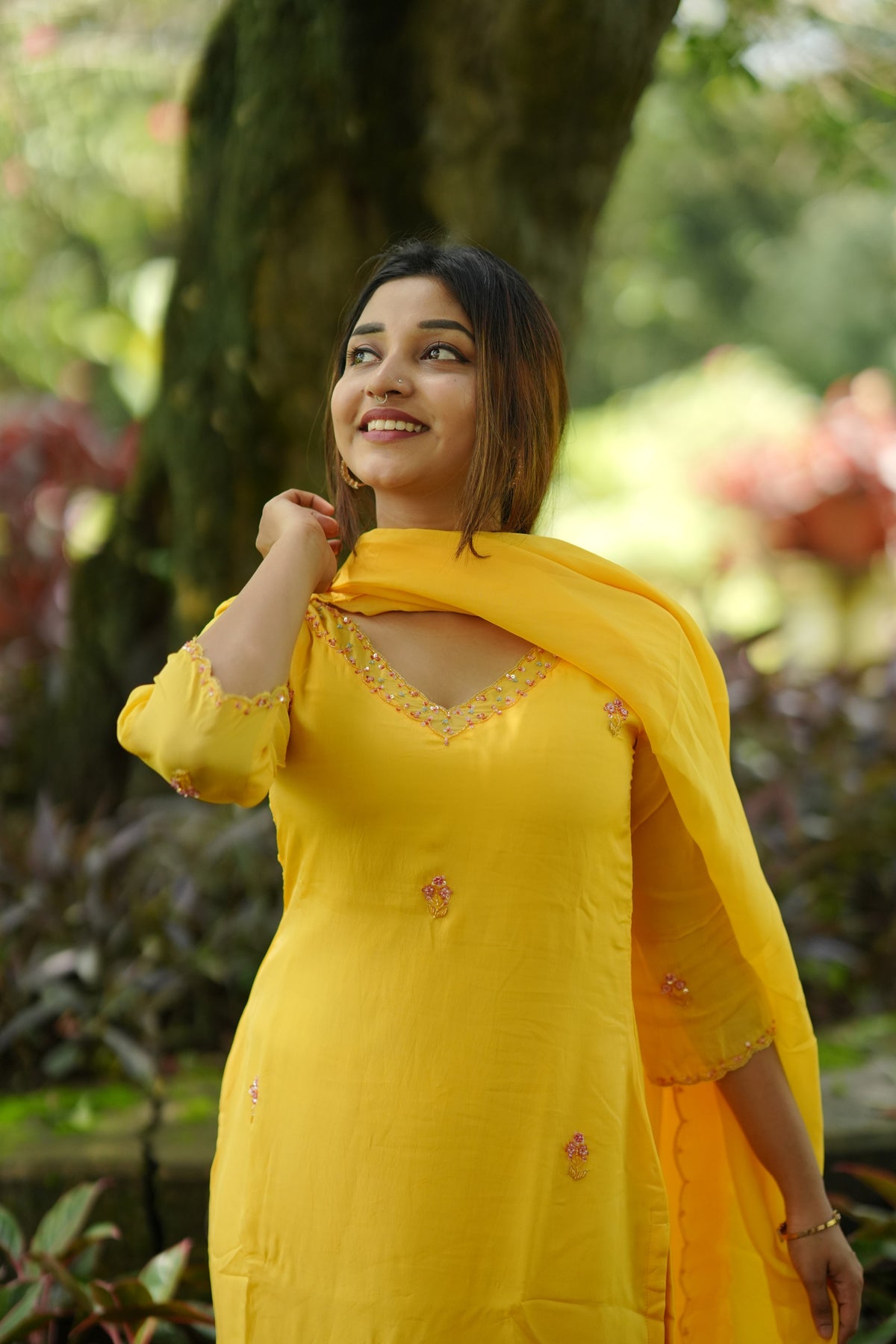 Yellow viscose organza partywear kurti with hand embroidered top and dupatta paired with santoon fabric for bottom MBS-1335