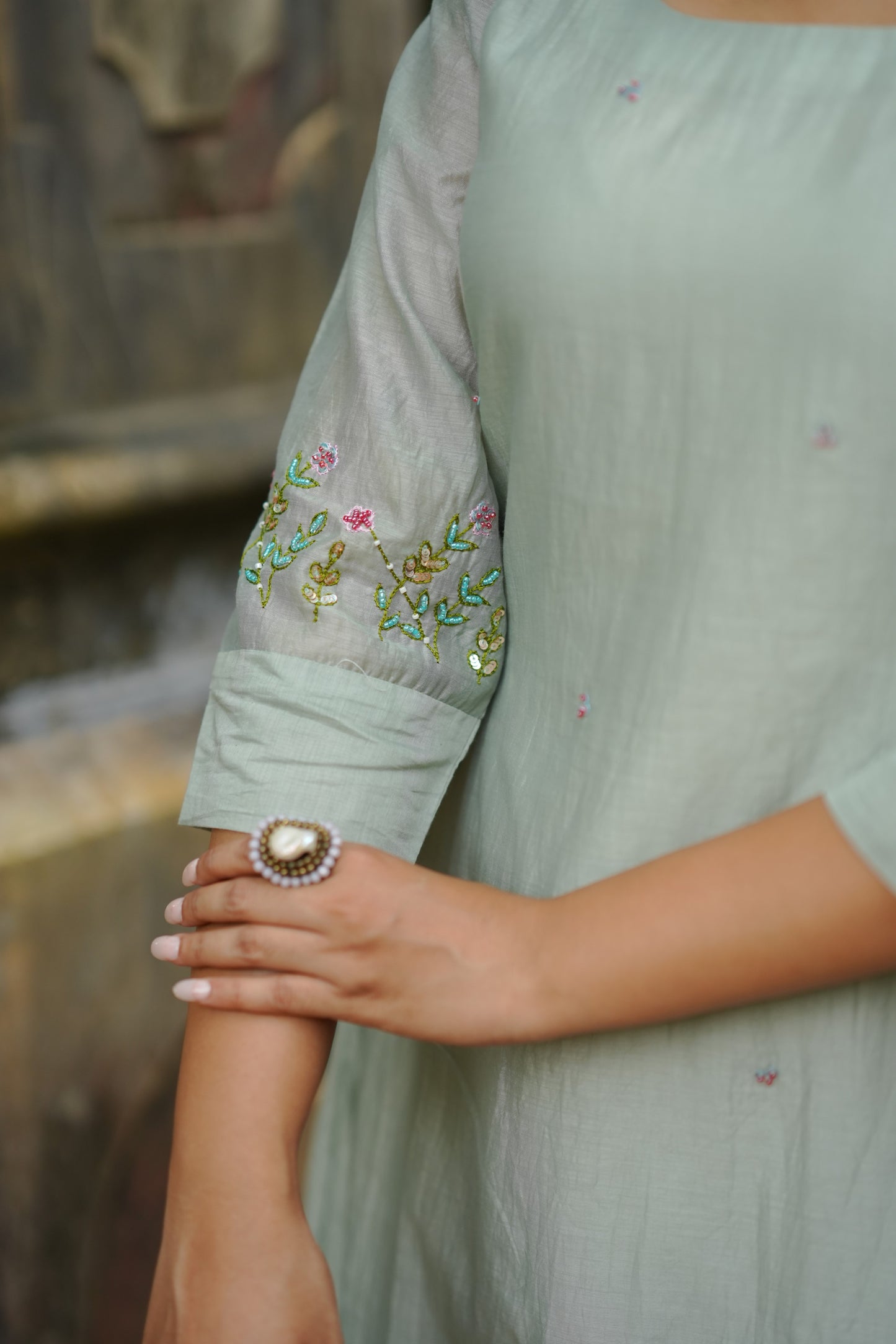 Pastel green mul chanderi kurti/dress with handworked hemline MBS-1340